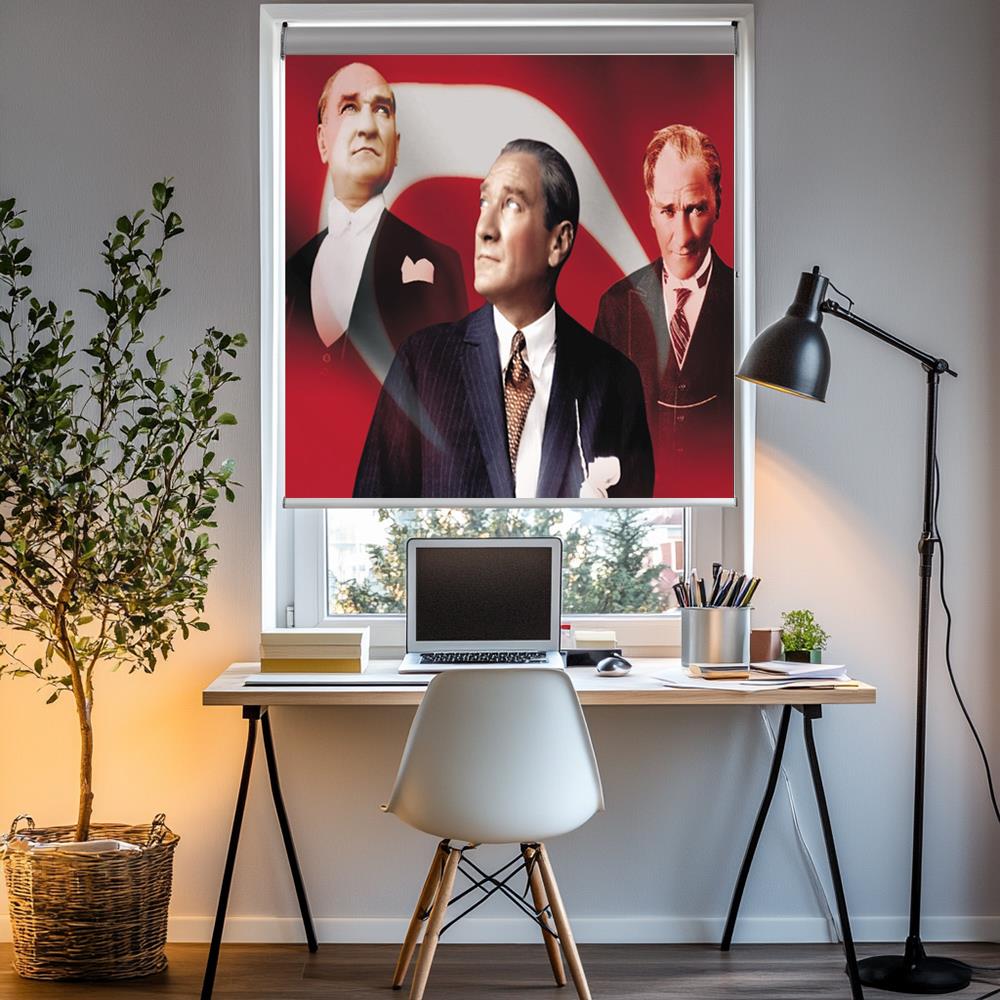 Türk Bayraklı Üçlü Atatürk Posterli Stor Perde
