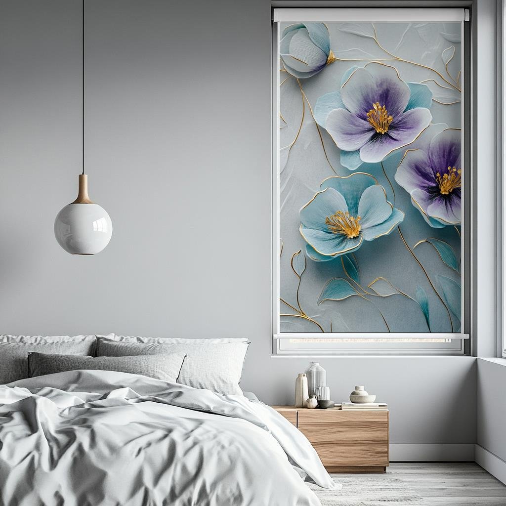 Altın Detaylı Pastel Çiçekler 3D Stor Perde