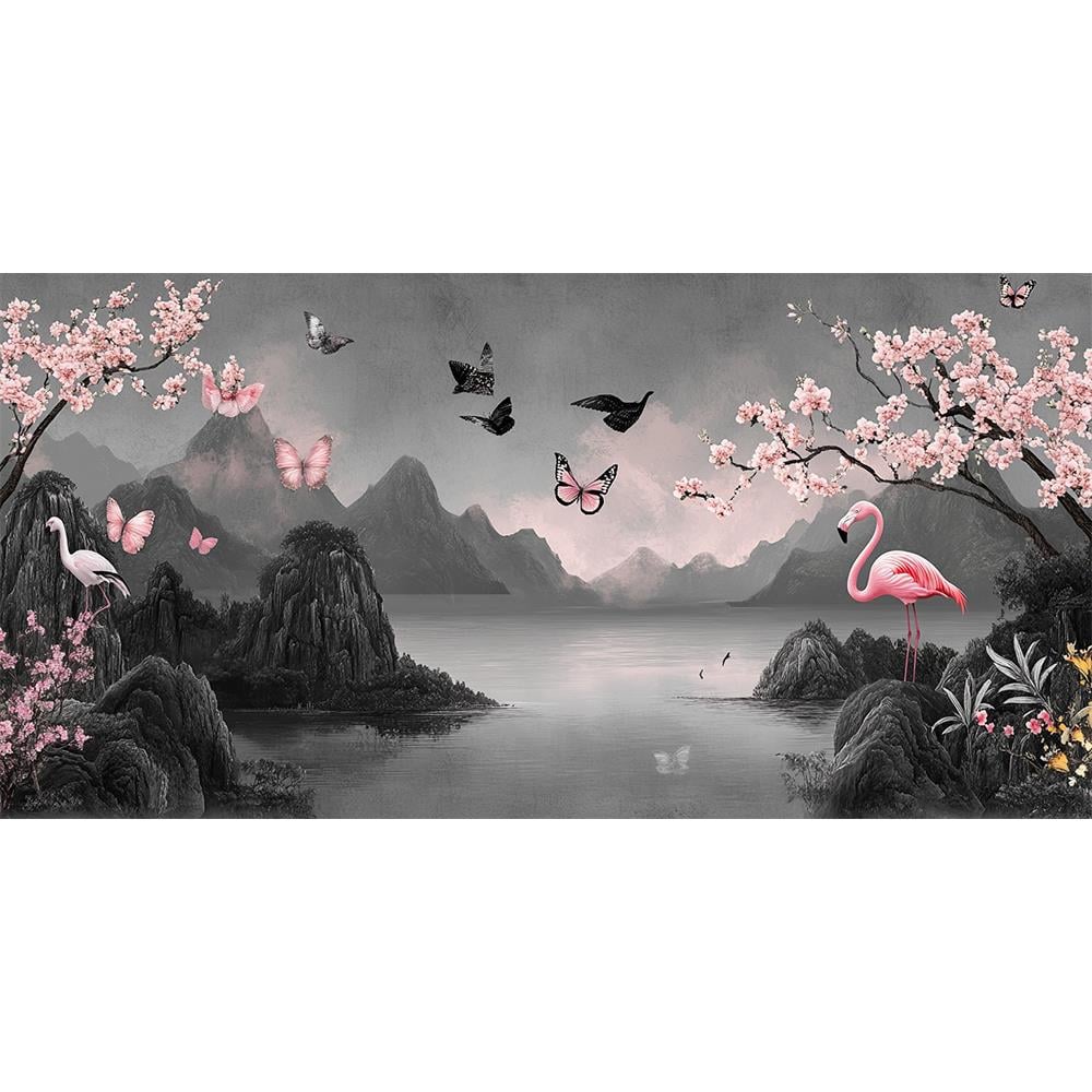 Gece Siyahı Flamingo ve Çiçekler Duvar Kağıdı
