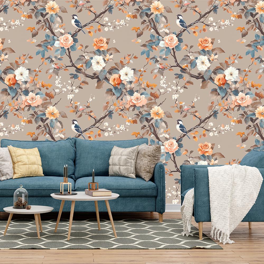 Pastel Tonlarda Kuş ve Çiçek Motifli Duvar Kağıdı