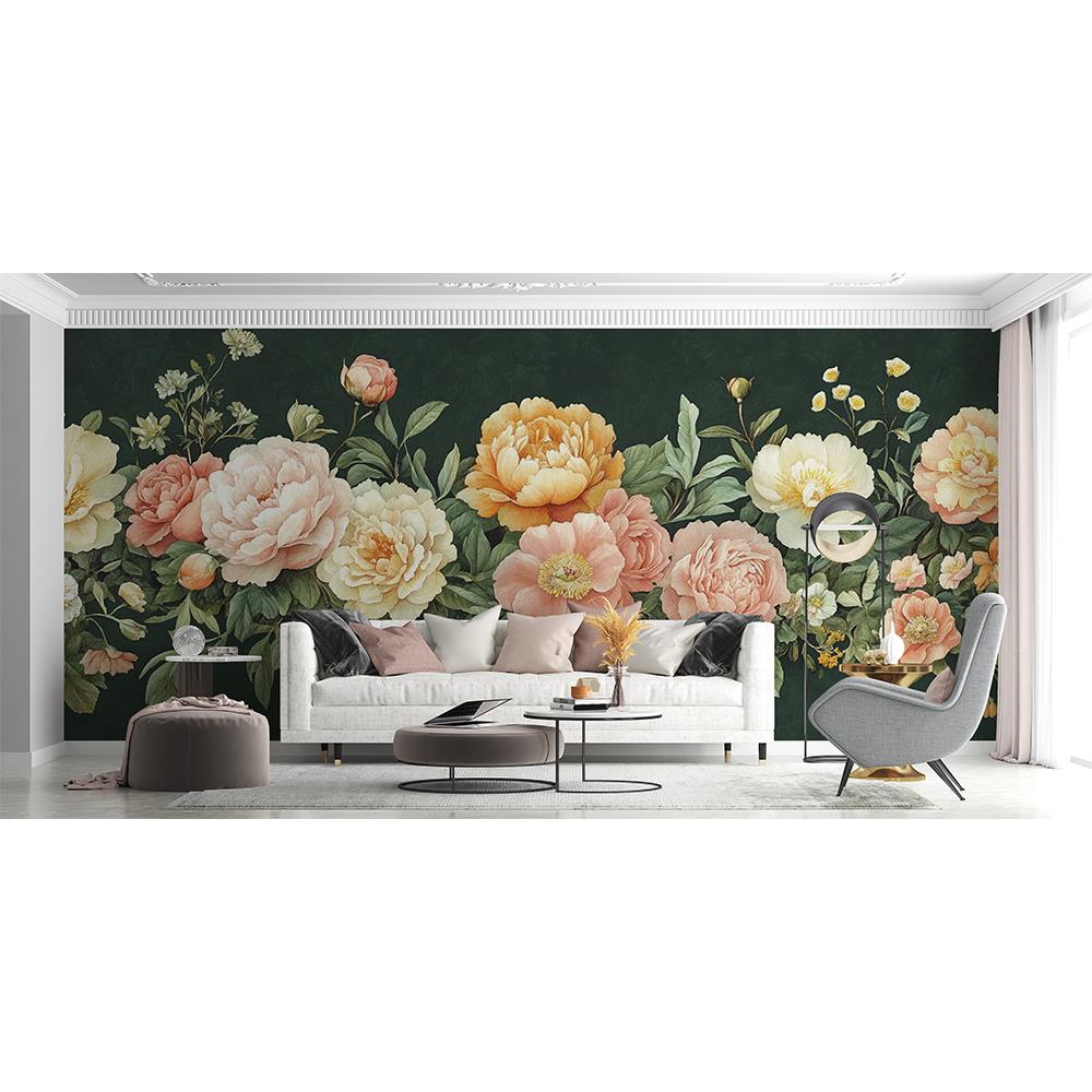 Yeşil Zemin Üzerinde Zarif Çiçekler Duvar Kağıdı