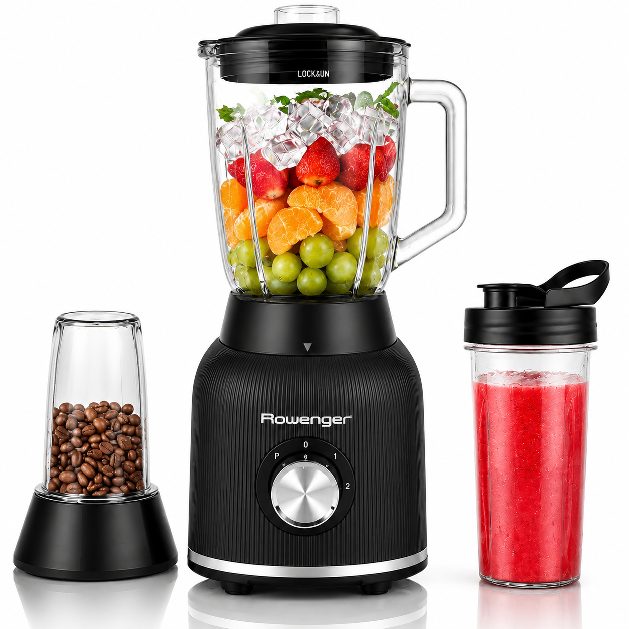 Rowenger 1200 watt Dual Smoothie Blender Kişisel Blender Cam Sürahi Blender Meyve Sıkacağı Siyah