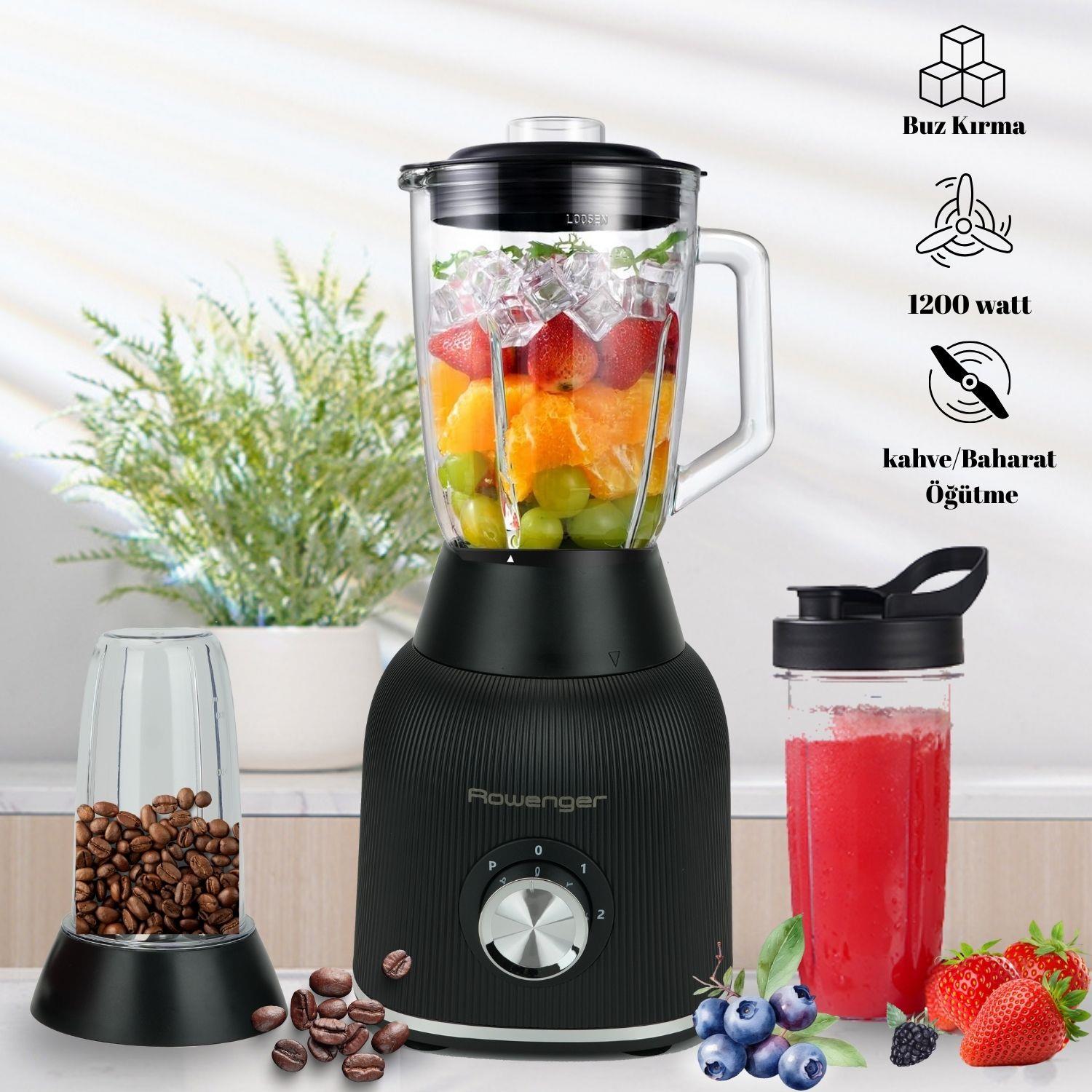 Rowenger 1200 watt Dual Smoothie Blender Kişisel Blender Cam Sürahi Blender Meyve Sıkacağı Siyah