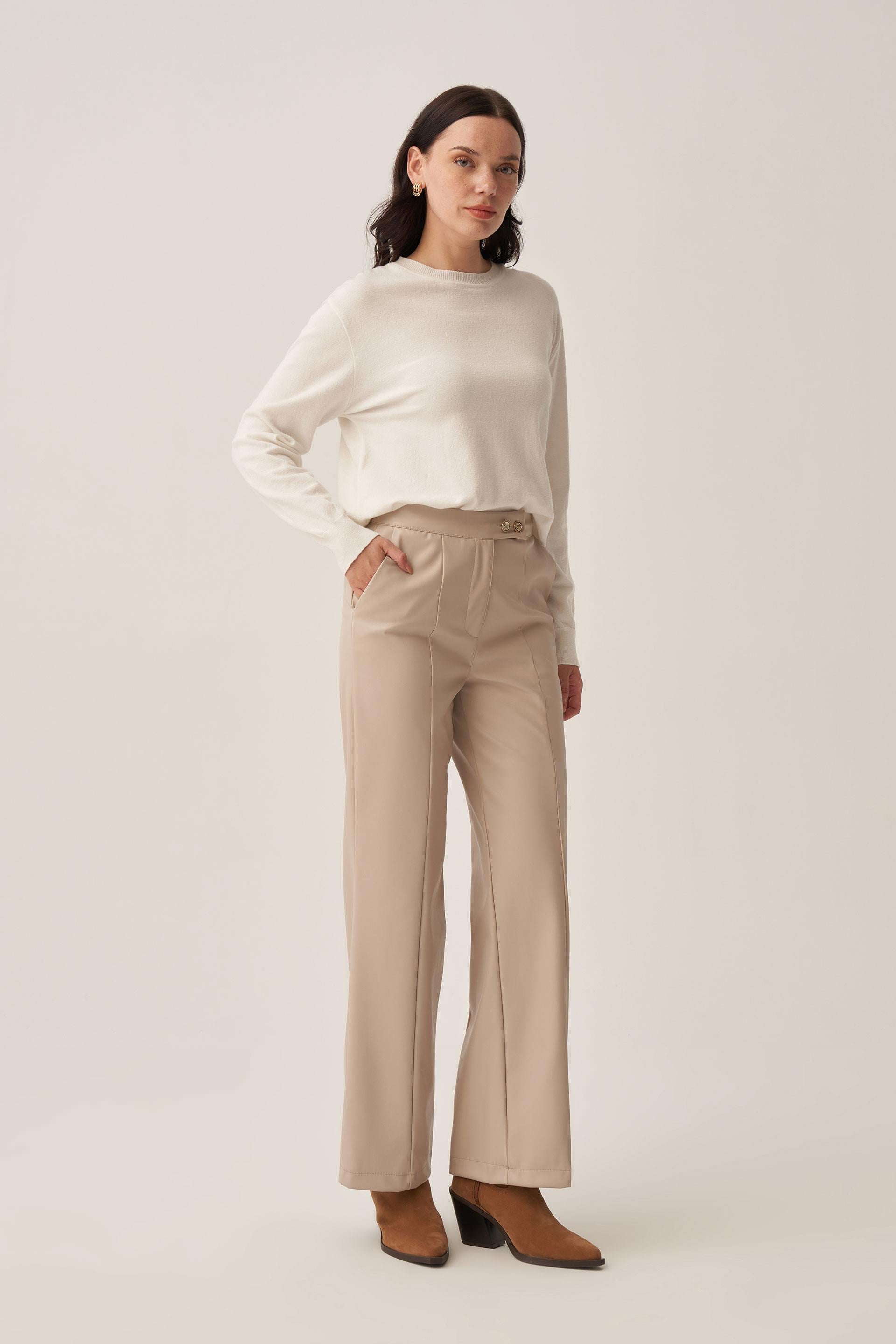 -Gold Düğmeli Süet Deri Pantolon