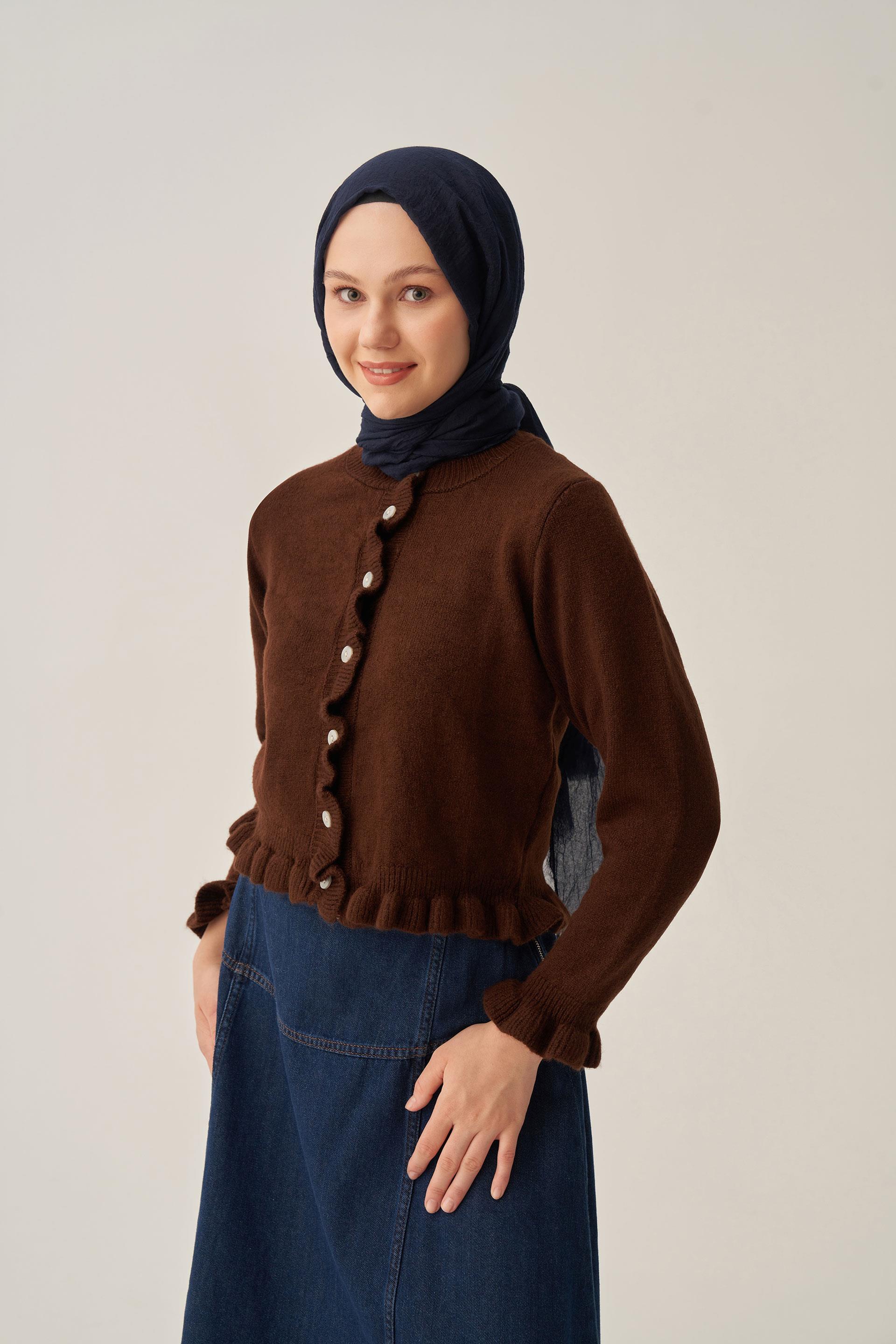 Acı Kahve-Etegi Fırfırlı Kısa  Hırka