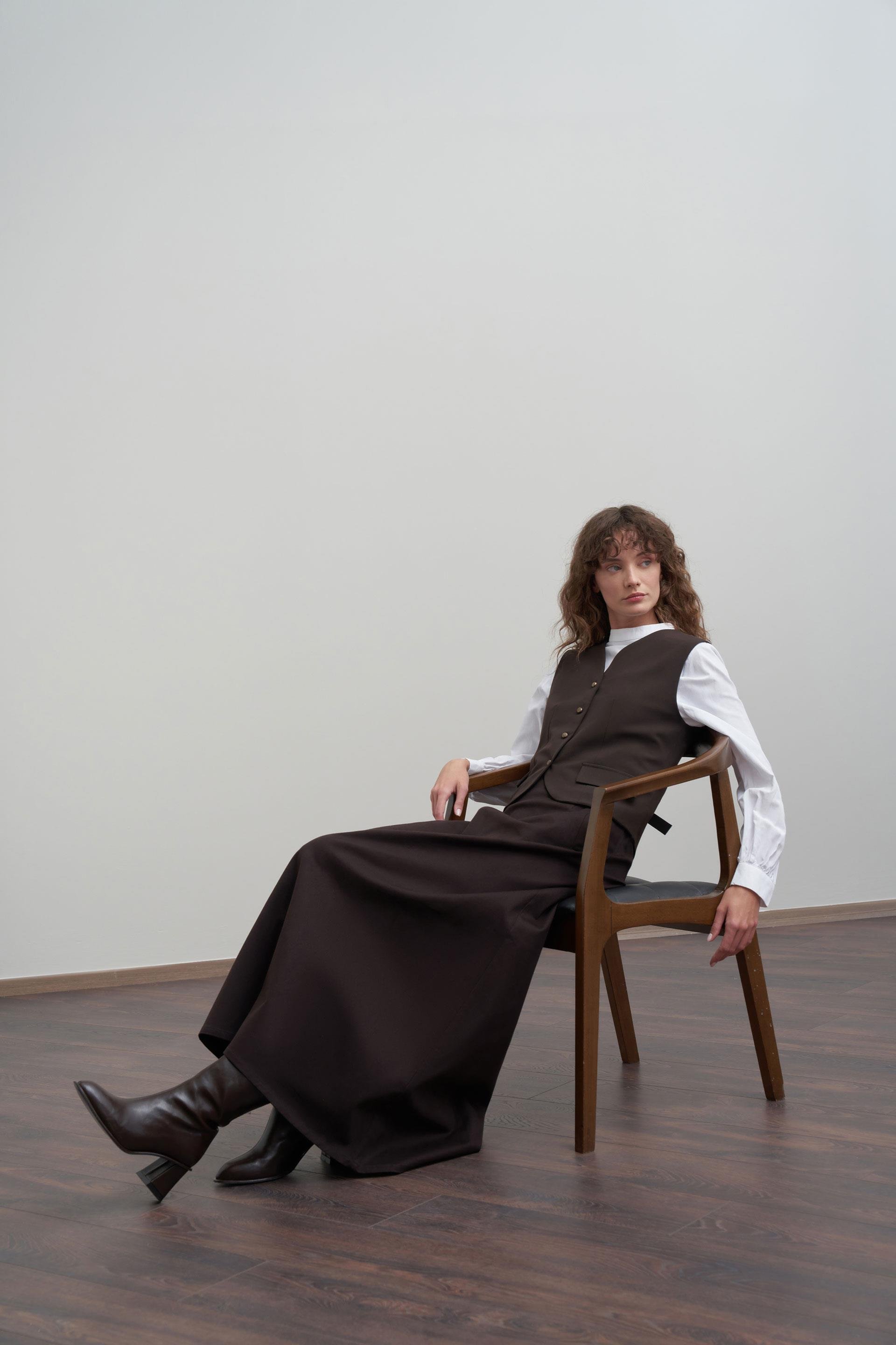 Acı Kahve-Gabardin Belden Bantlı Çan Etek