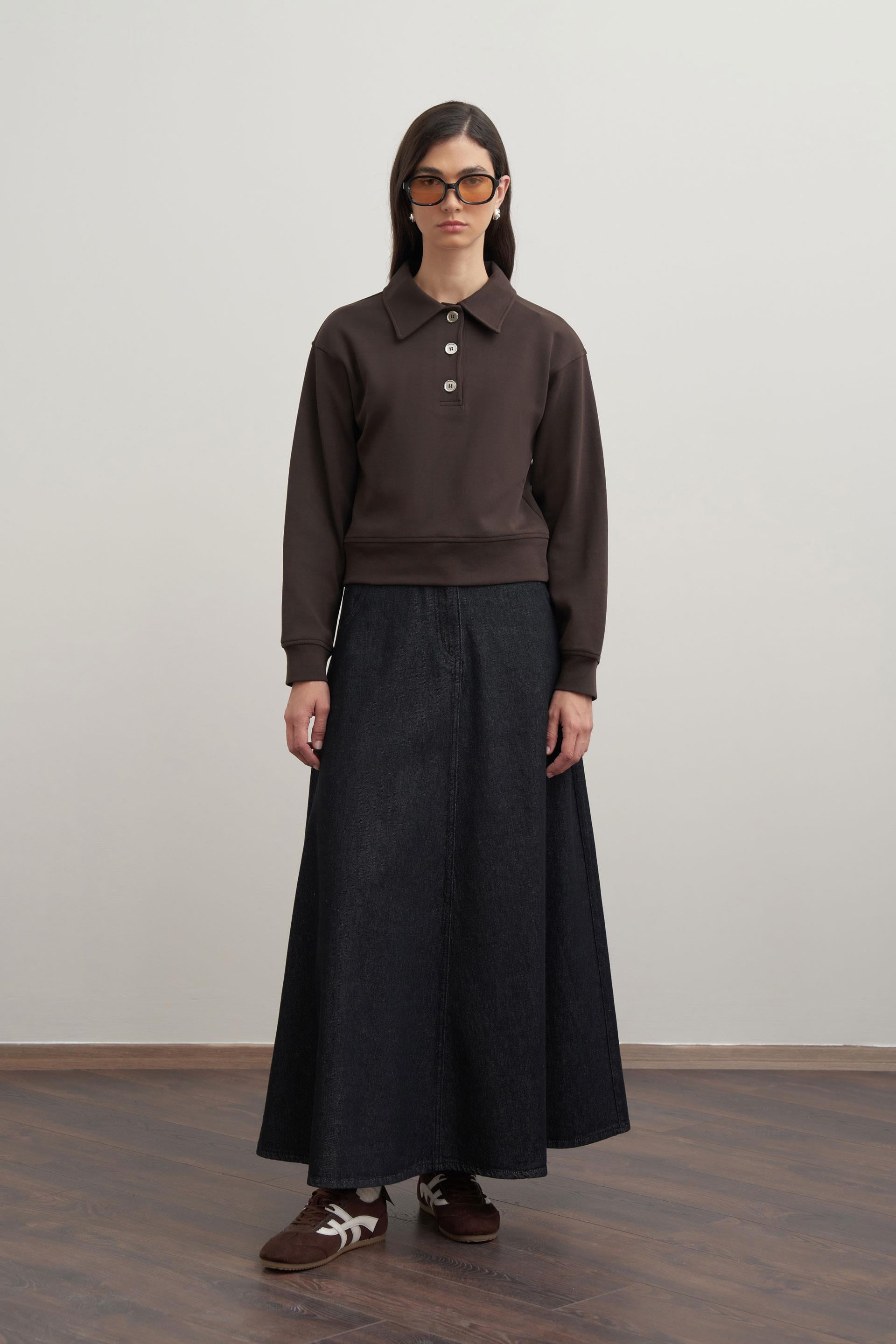 Acı Kahve-Gömlek Yakalı İnterlok Sweatshırt