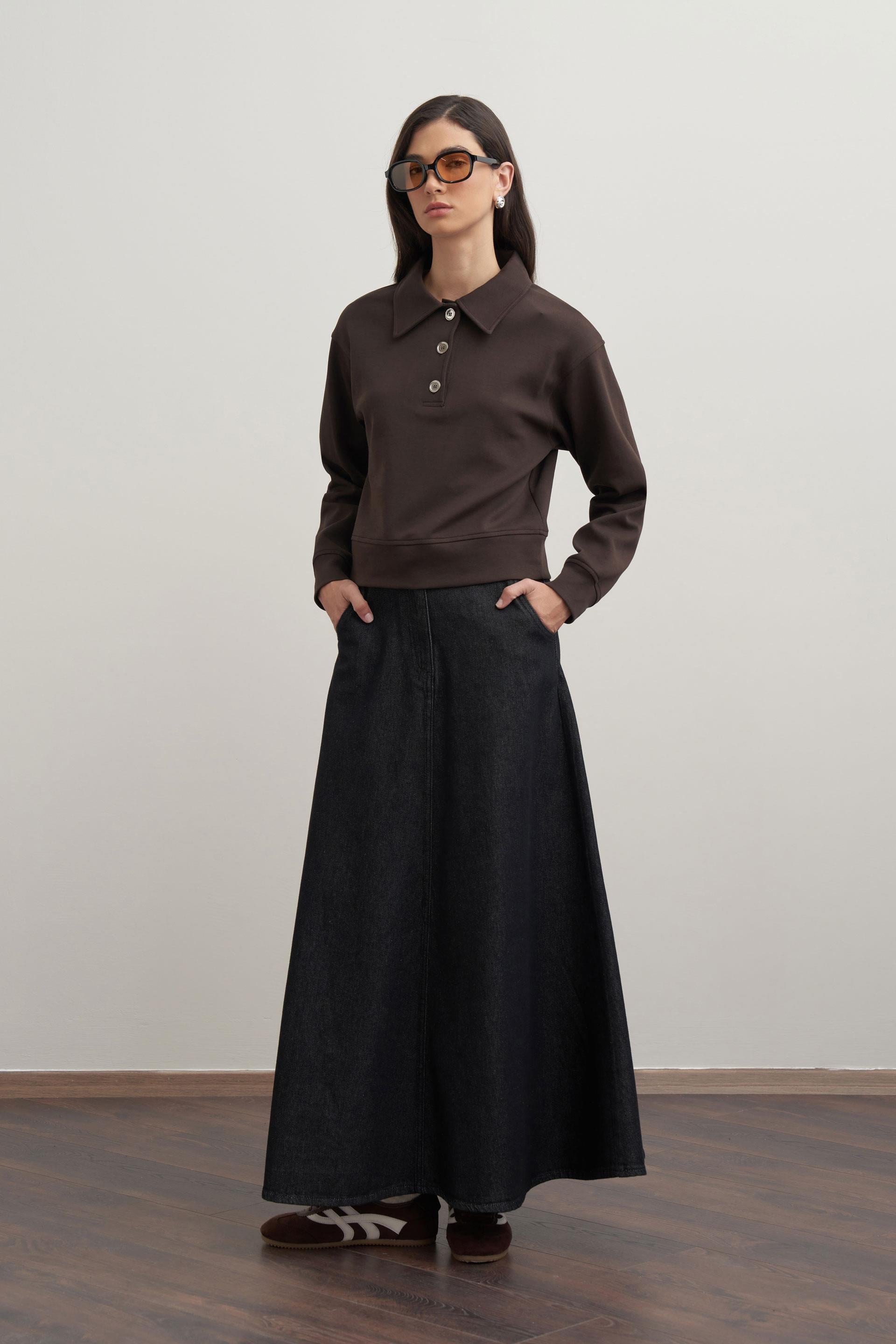 Acı Kahve-Gömlek Yakalı İnterlok Sweatshırt