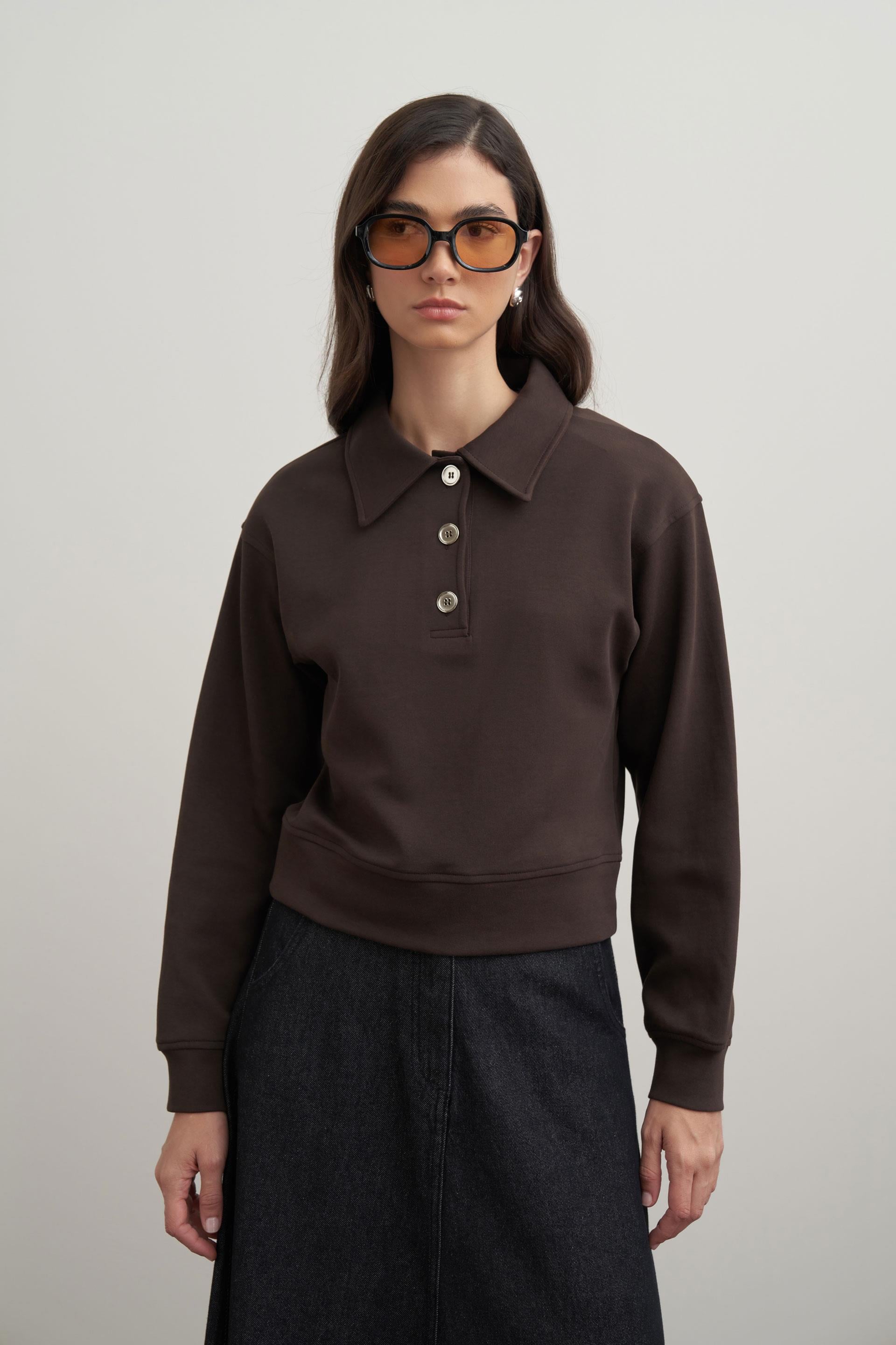 Acı Kahve-Gömlek Yakalı İnterlok Sweatshırt