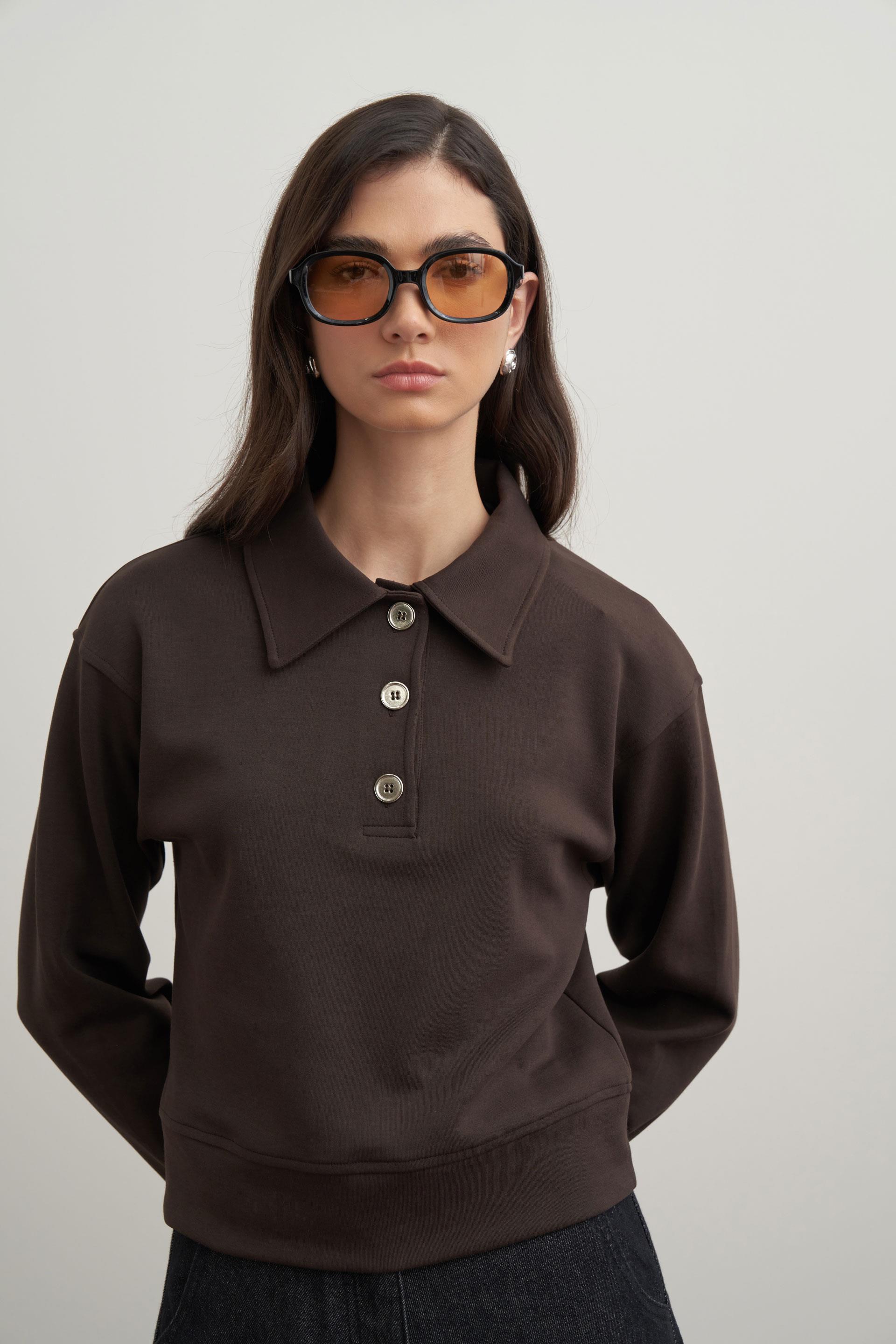 Acı Kahve-Gömlek Yakalı İnterlok Sweatshırt