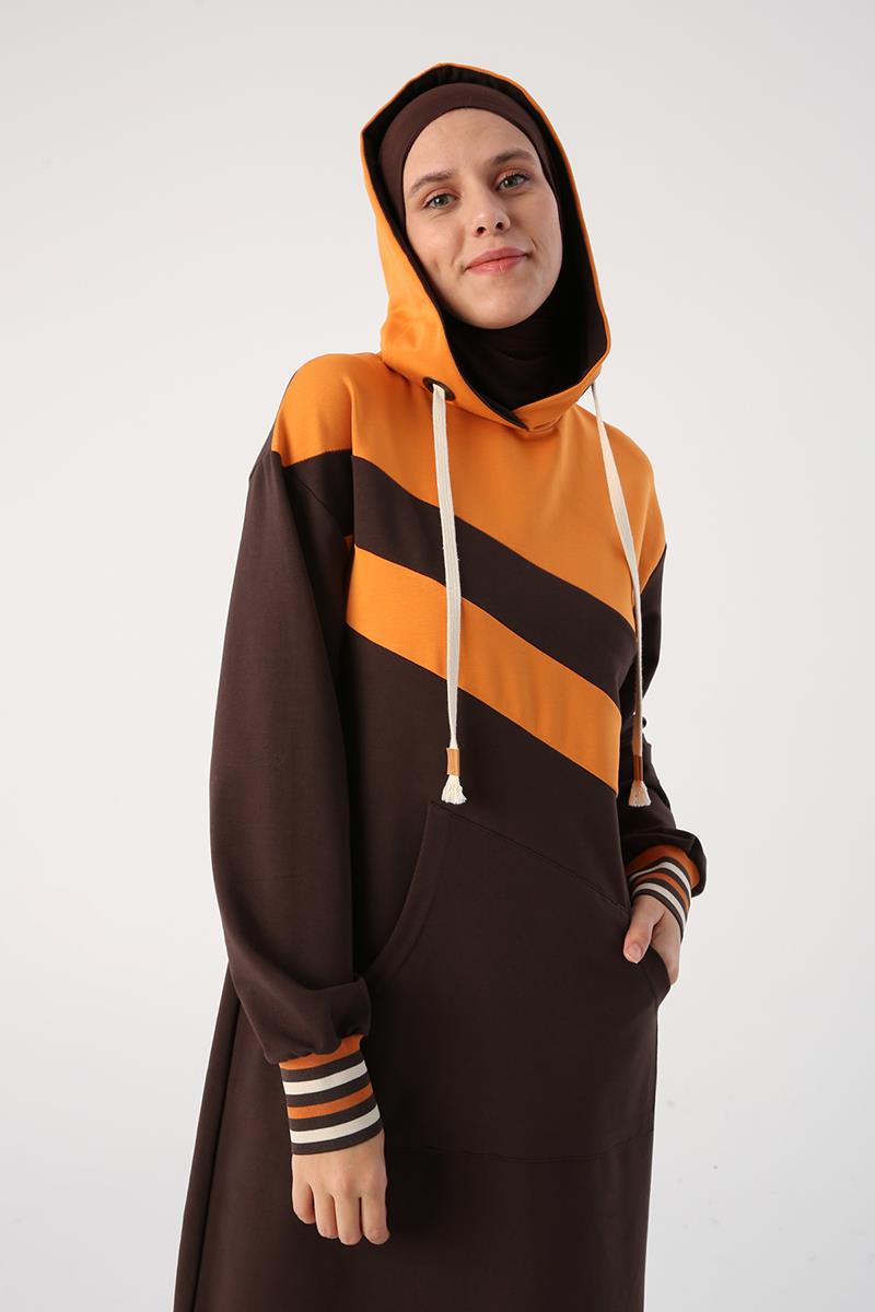İki Renkli Kapüşonlu Sweat Tunik