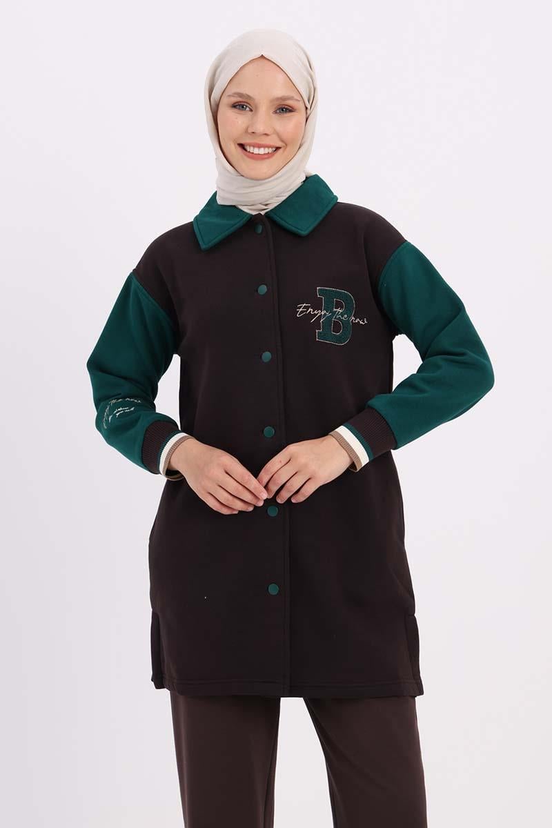 İki Renkli Nakışlı Düğmeli Rahat Hırka