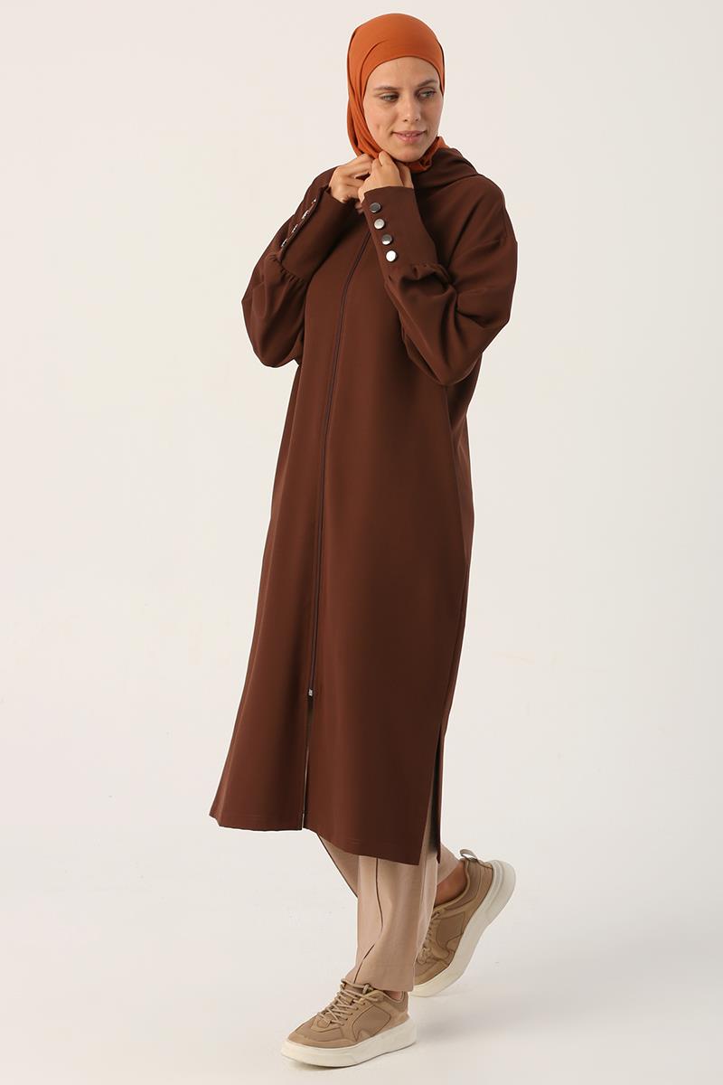 Acı Kahve-Kapüşonlu Fermuarlı Rahat Kalıp Hırka