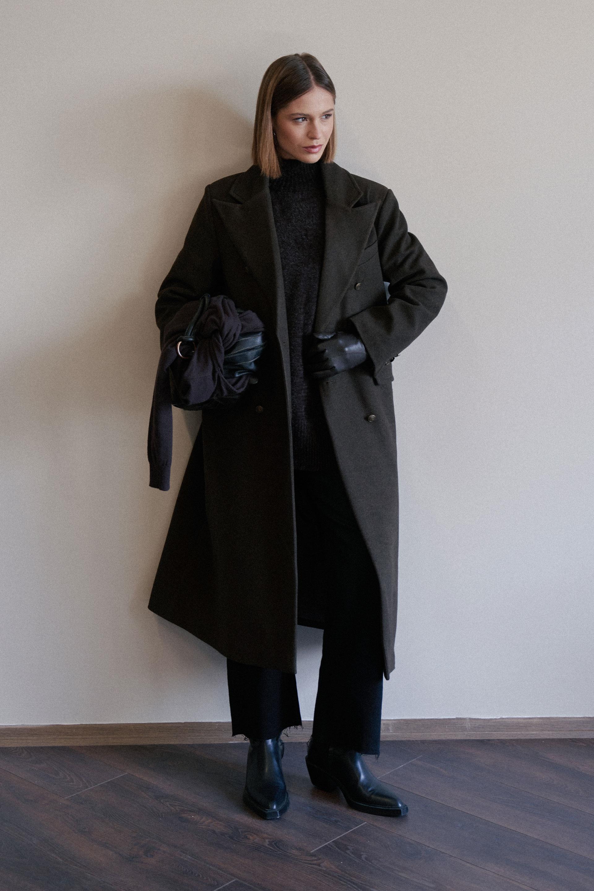 Acı Kahve-Kruvaze Uzun Kaşe Kaban