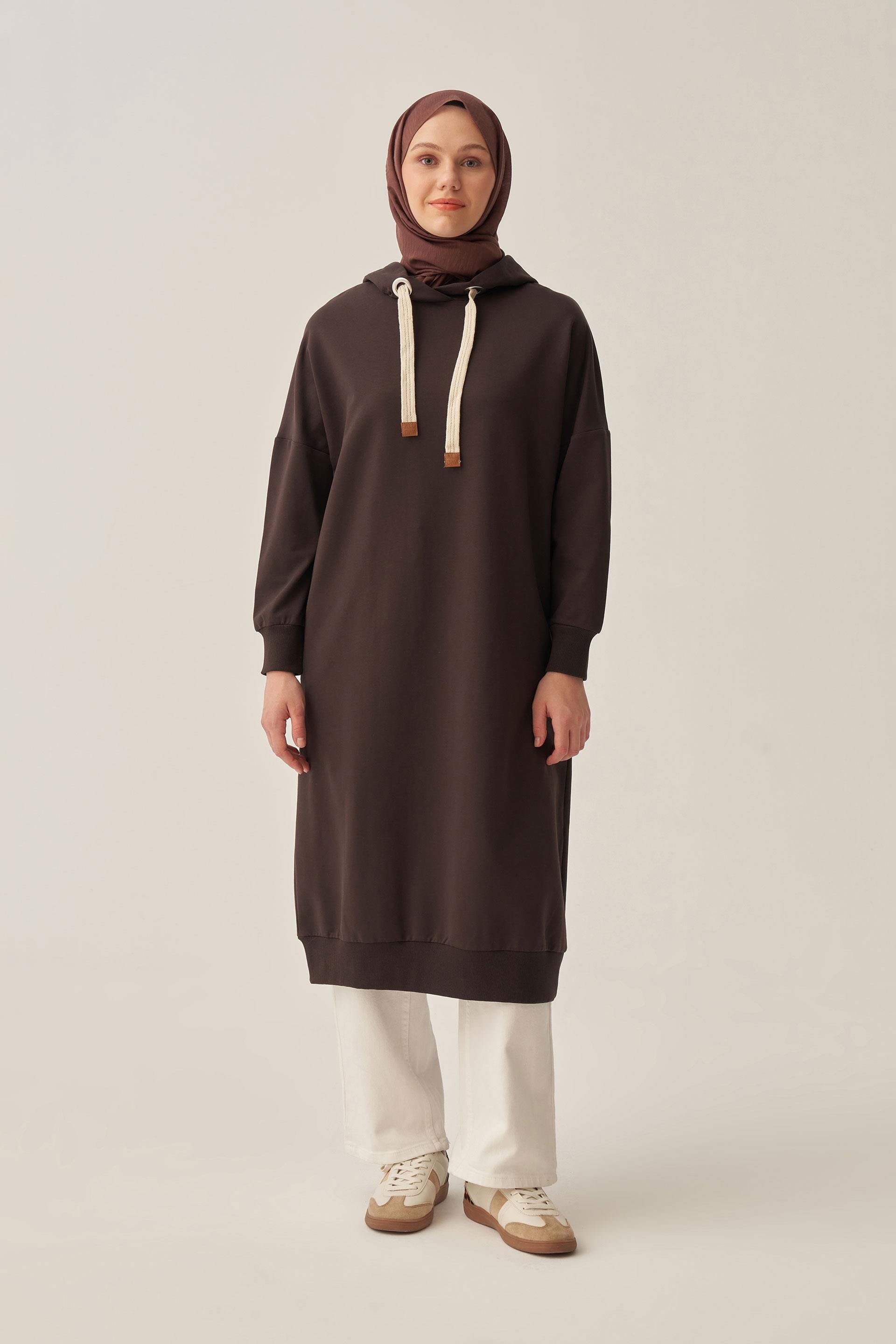 Acı Kahve-Kuşgözlü Kapüşonlu Cepli Likralı Uzun Sweat