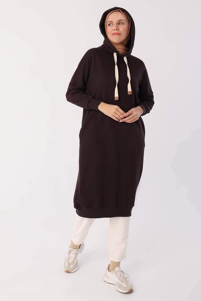 Kuşgözlü Kapüşonlu Cepli Sweat Tunik