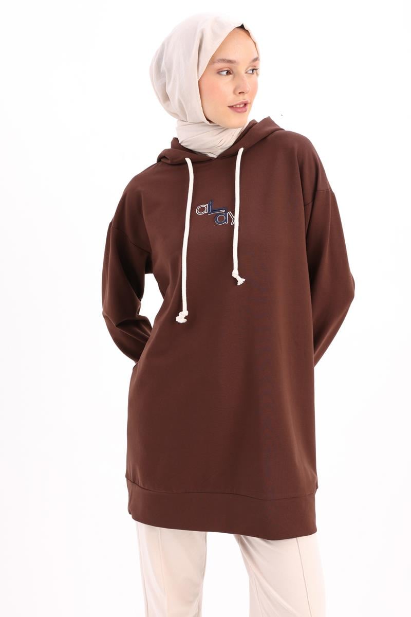 Kapüşonlu Yakası Nakışlı  Sweat Tunik