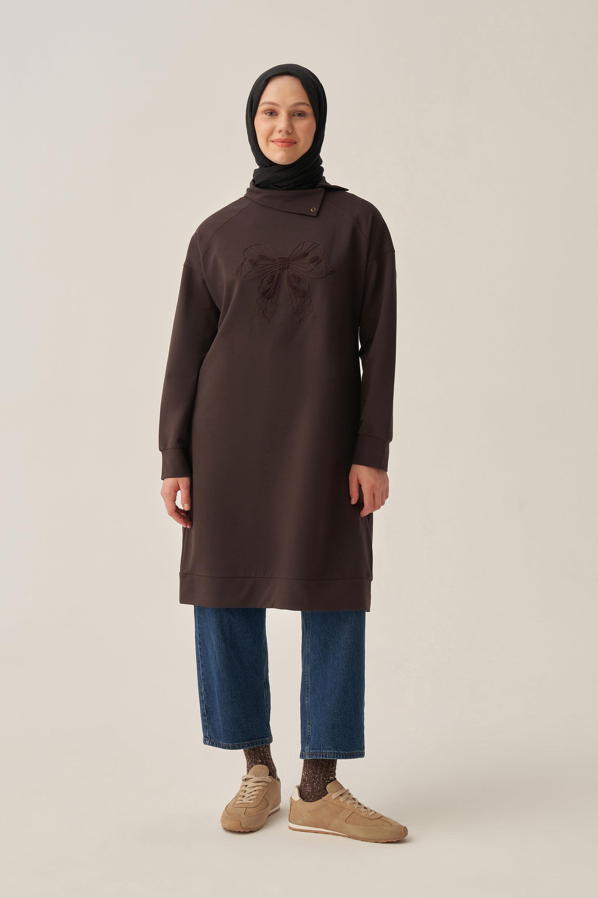Acı Kahve-Pamuklu Dik Yakalı Tunik