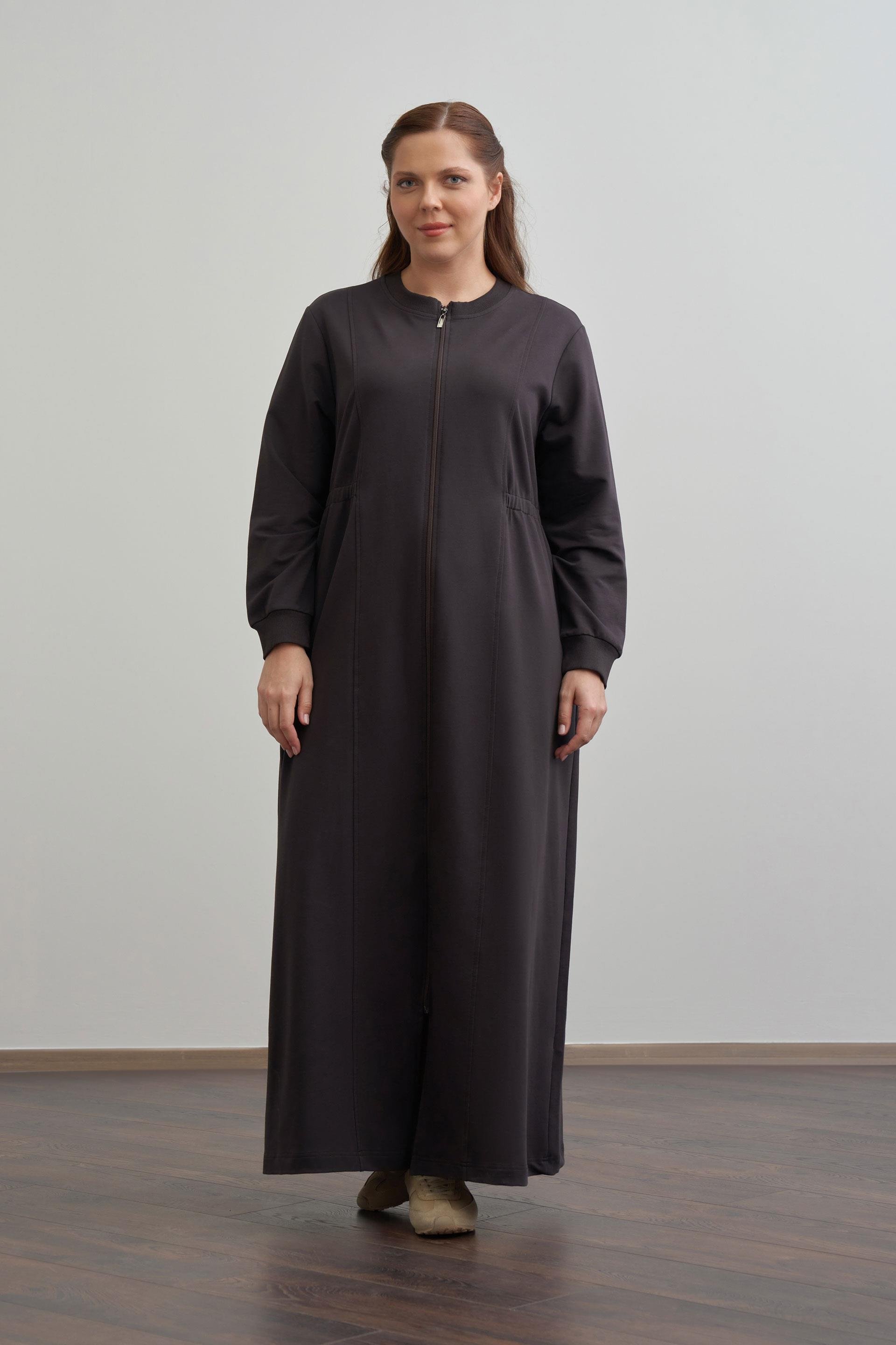 Acı Kahve-Pamuklu Fermuarlı Uzun Ferace