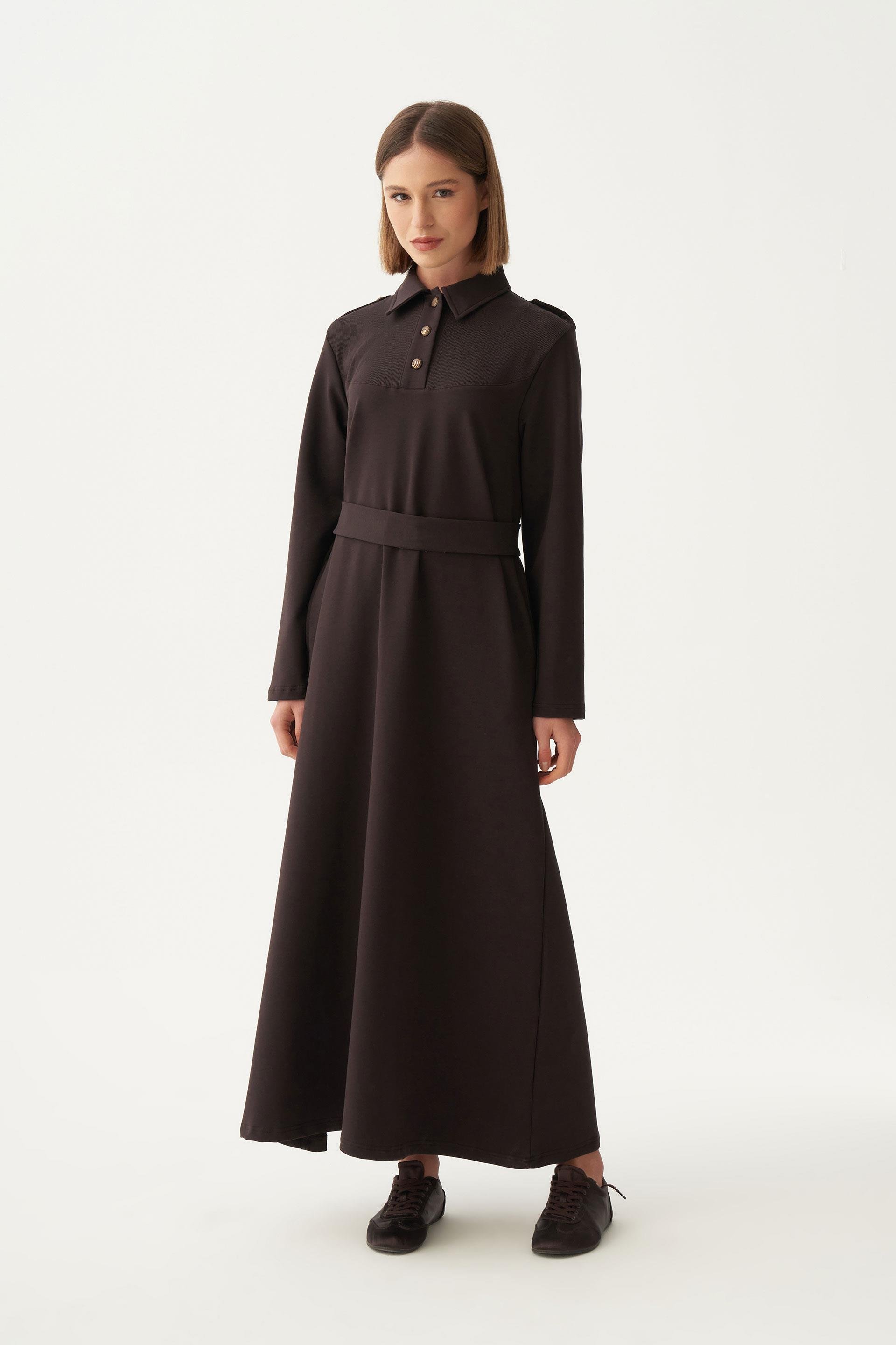 Acı Kahve-Pamuklu Gömlek Yaka Apoletli Elbise