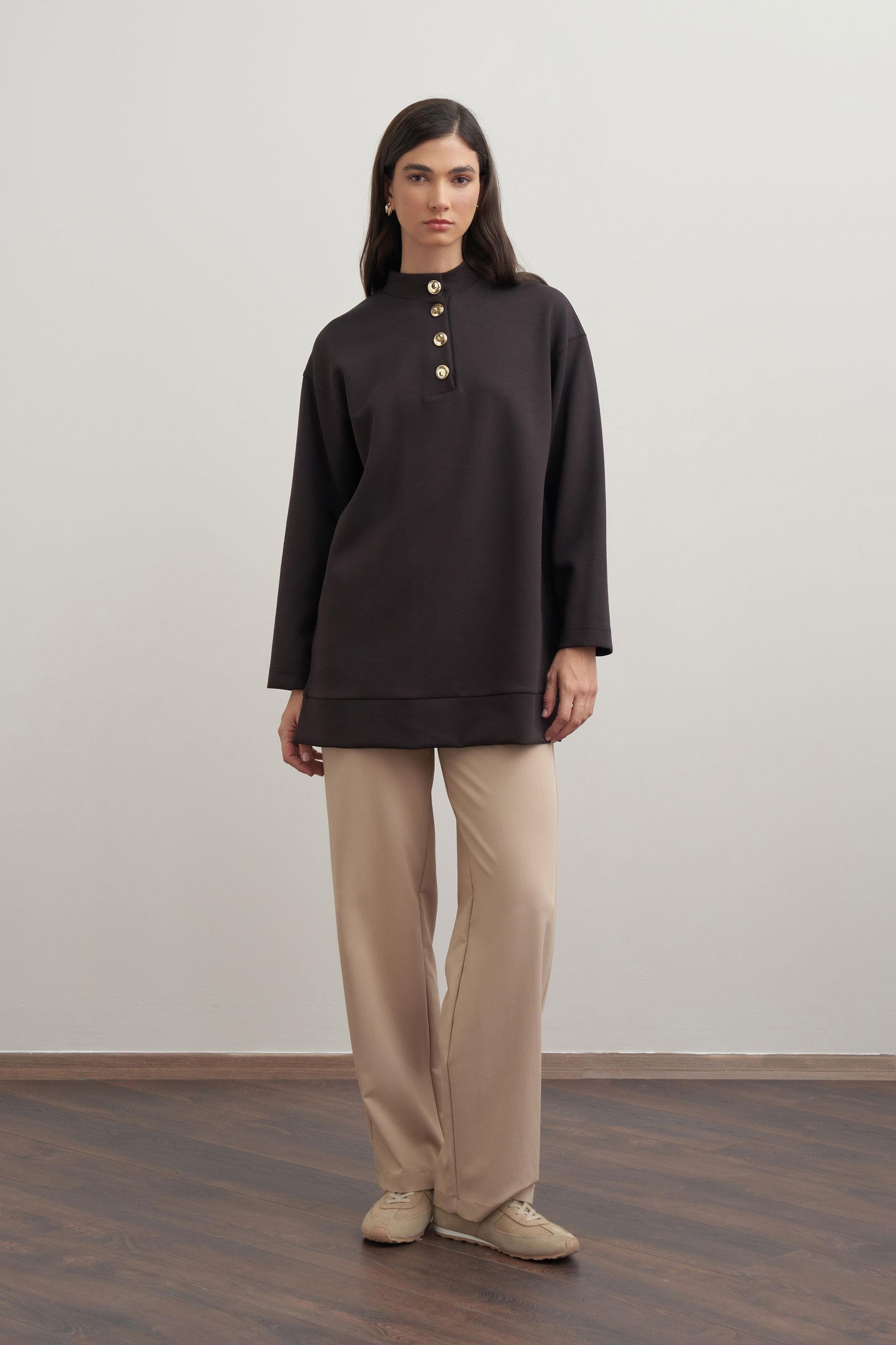 Acı Kahve-Yumuşak Dokulu Gold Düğmeli Tunik