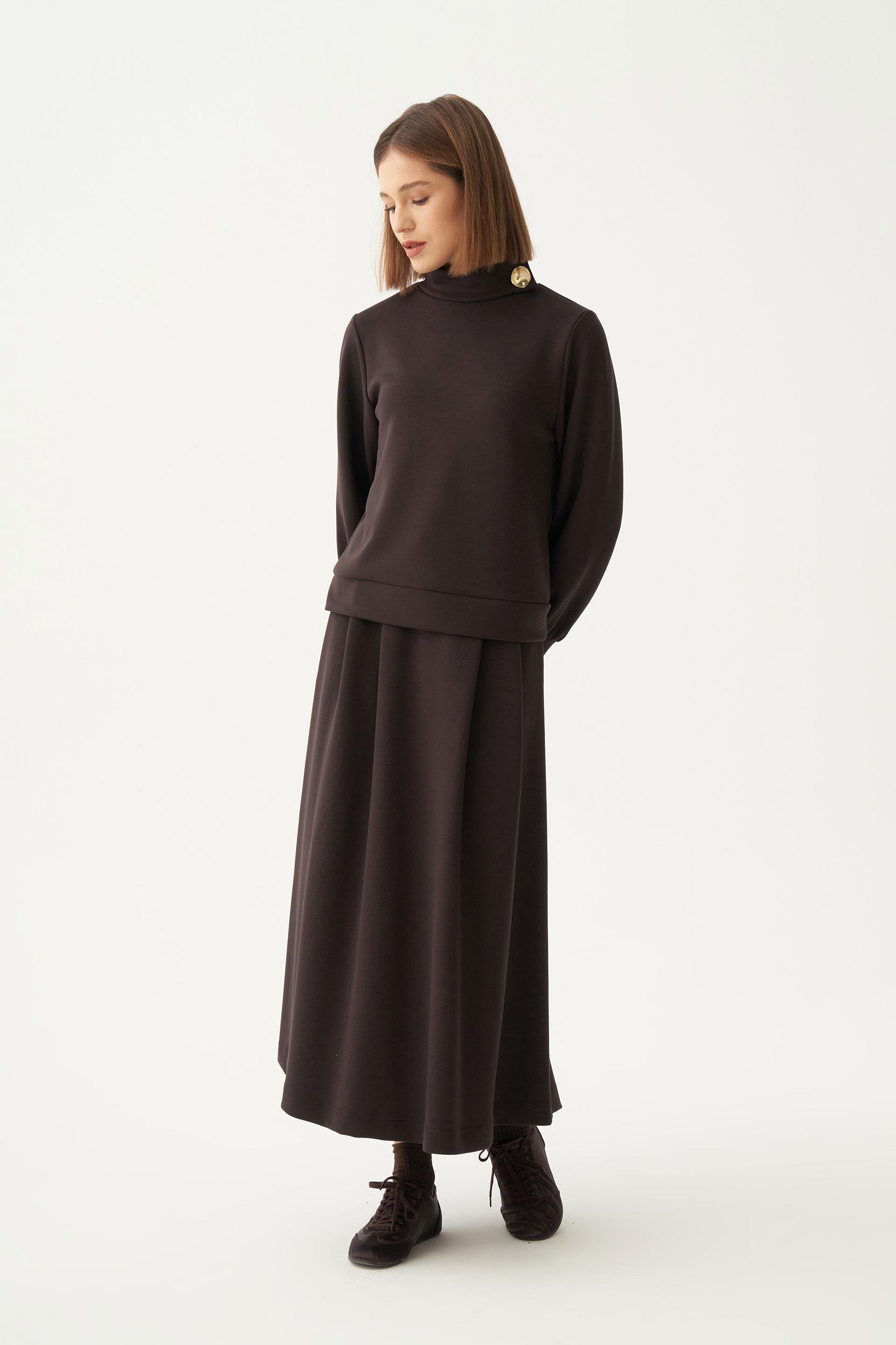 Acı Kahve-Yumuşak Dokulu Gold Düğmeli Etekli Takım