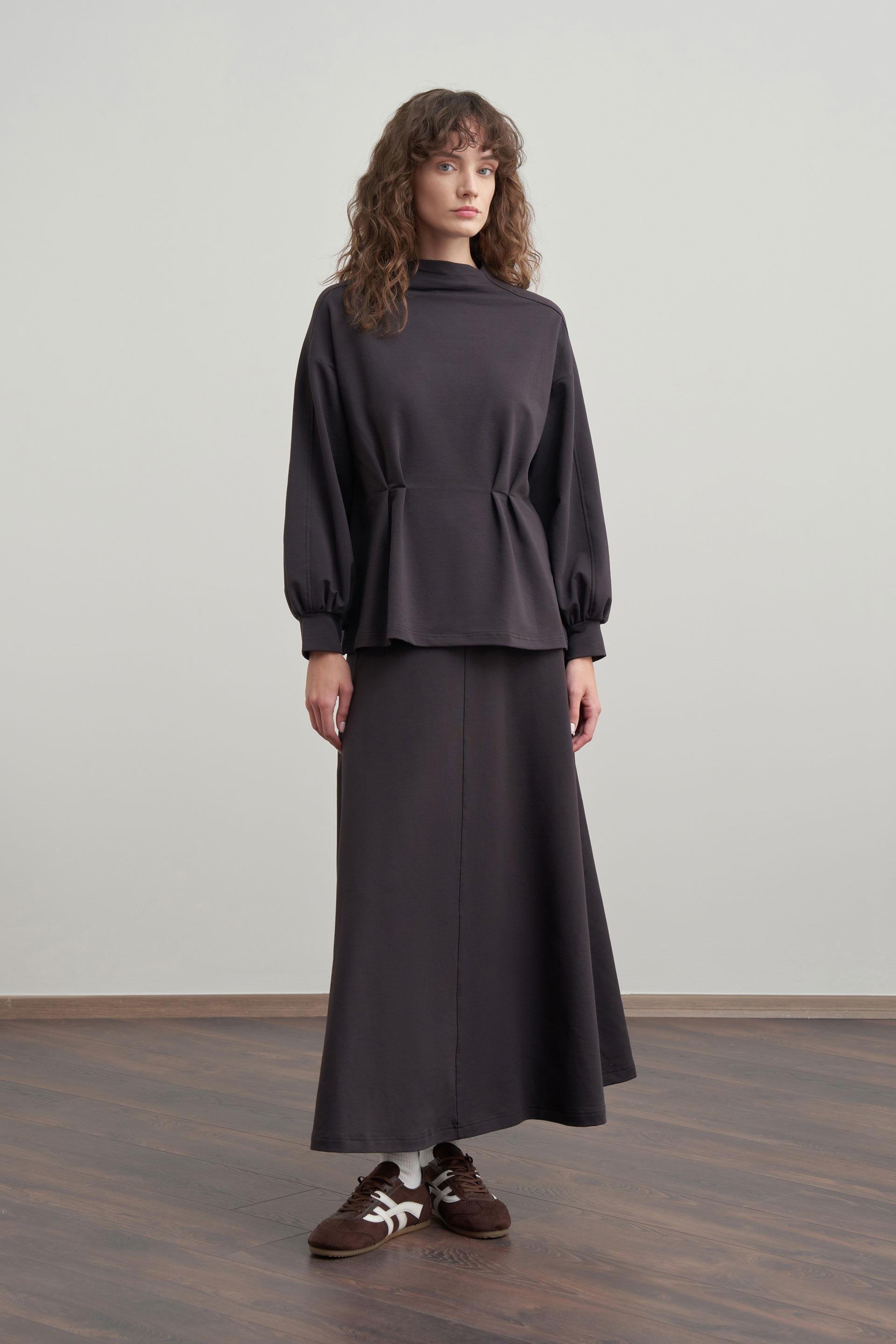 Acı Kahve-Yumuşak Dokulu Pile Detaylı Etekli Takım