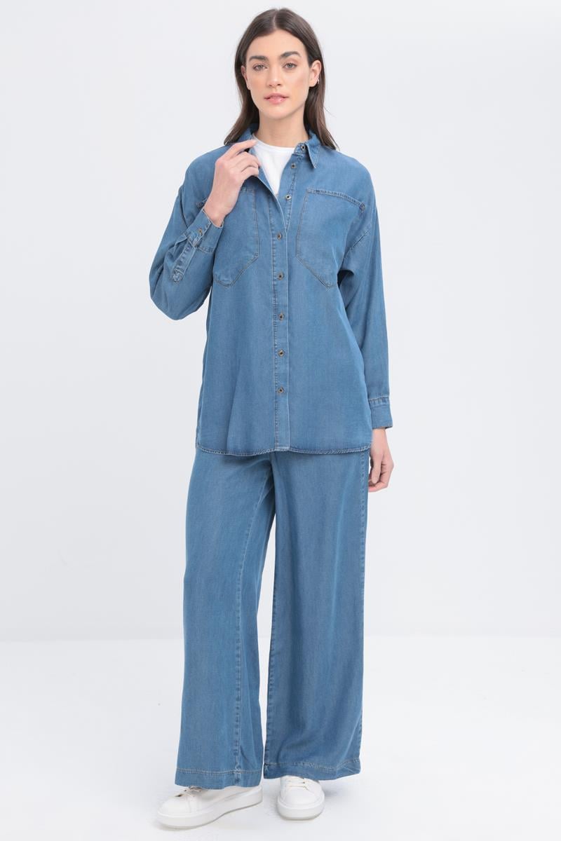 Açık Mavi-Büyük Cepli Denim Pantolonlu Takım