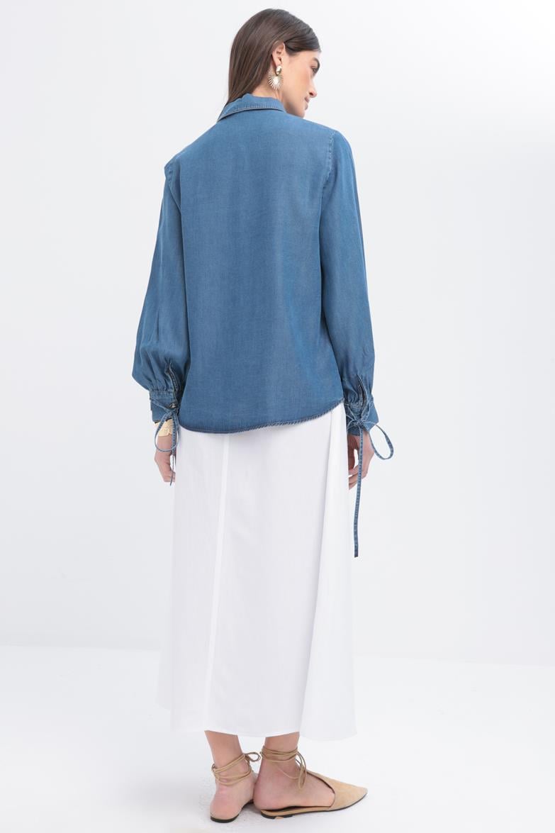 Açık Mavi-Kolu Bağcıklı Gömlek