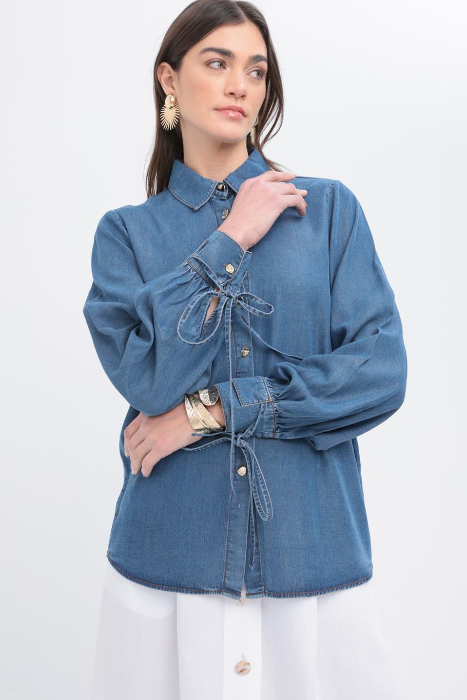 Açık Mavi-Kolu Bağcıklı Gömlek