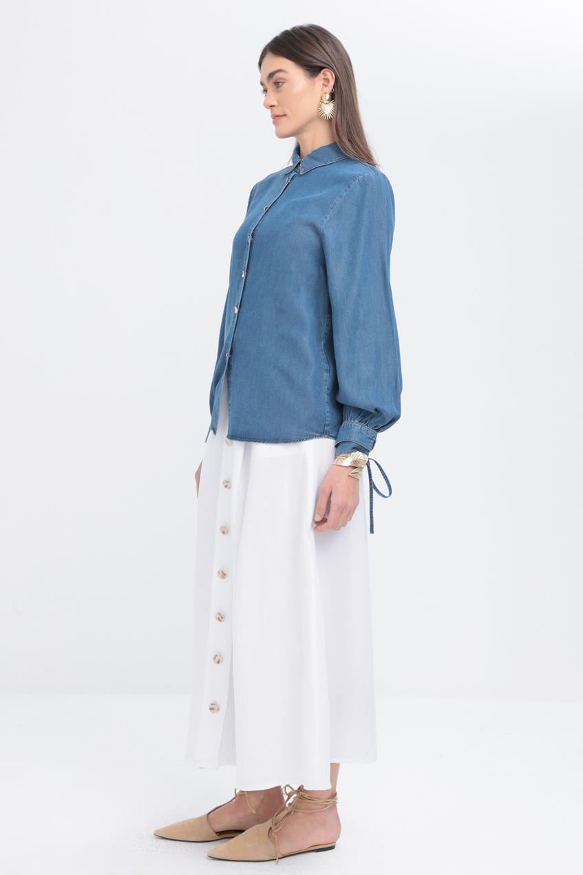 Açık Mavi-Kolu Bağcıklı Gömlek