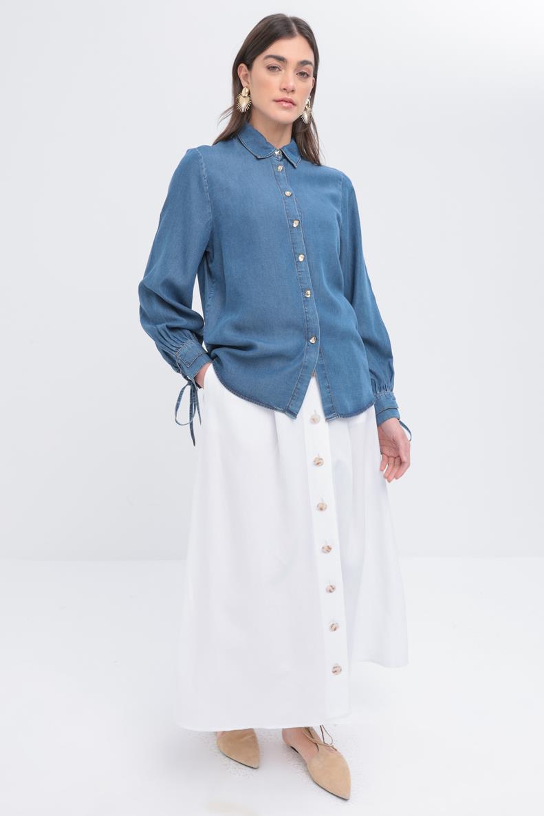 Açık Mavi-Kolu Bağcıklı Gömlek