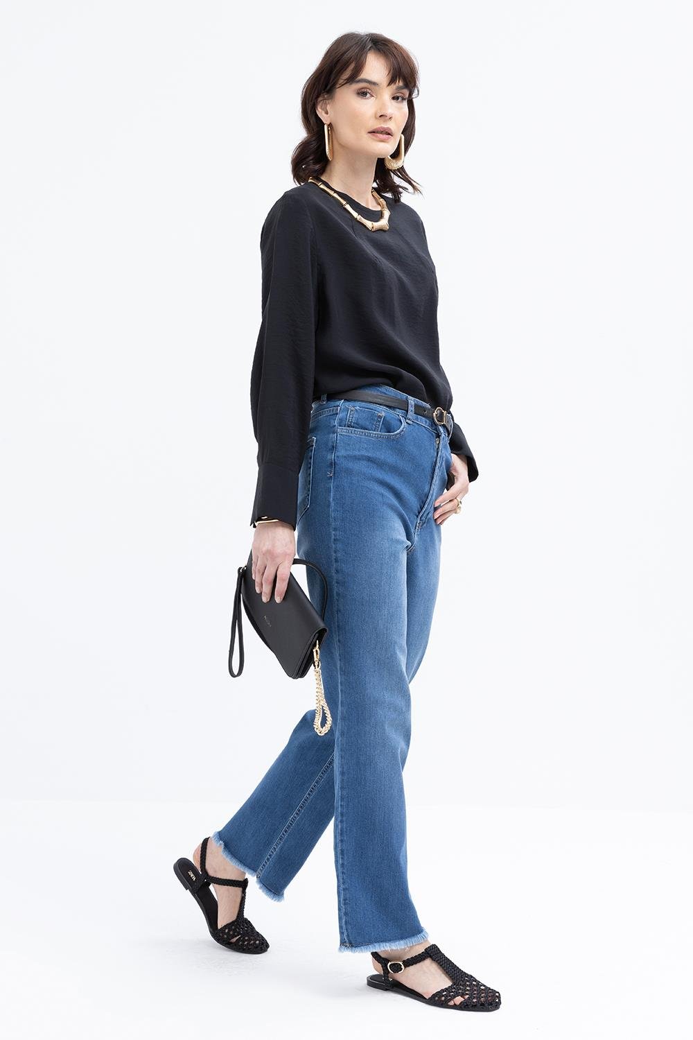 Açık Mavi-Likralı Geniş Paça Denim Pantolon
