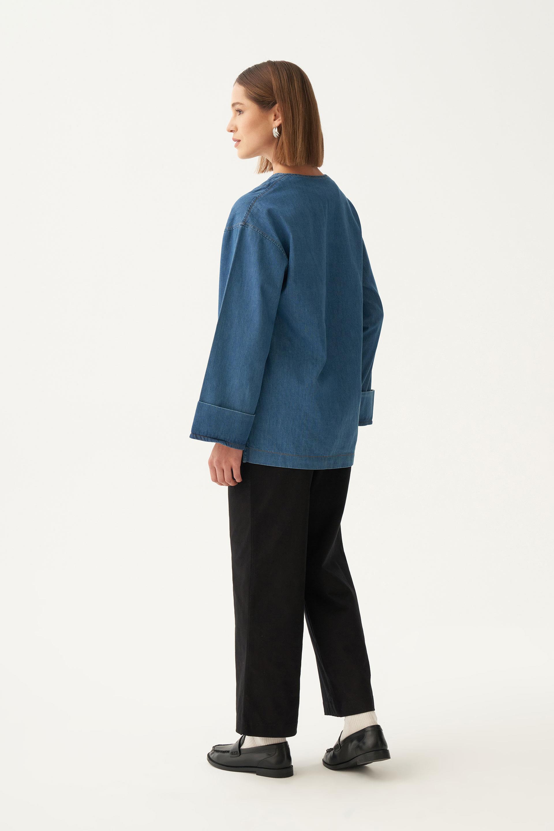 Açık Mavi-V Yaka Denim Gömlek Tunik