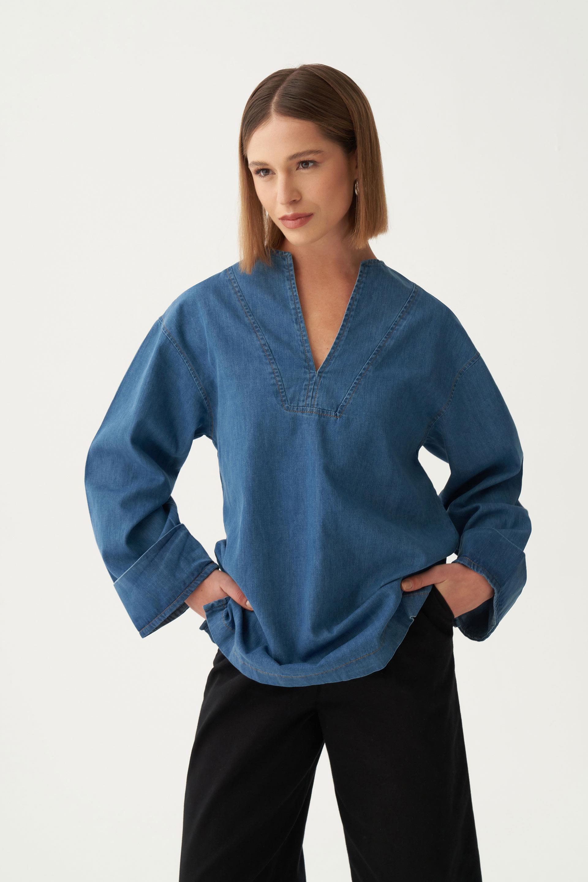 Açık Mavi-V Yaka Denim Gömlek Tunik