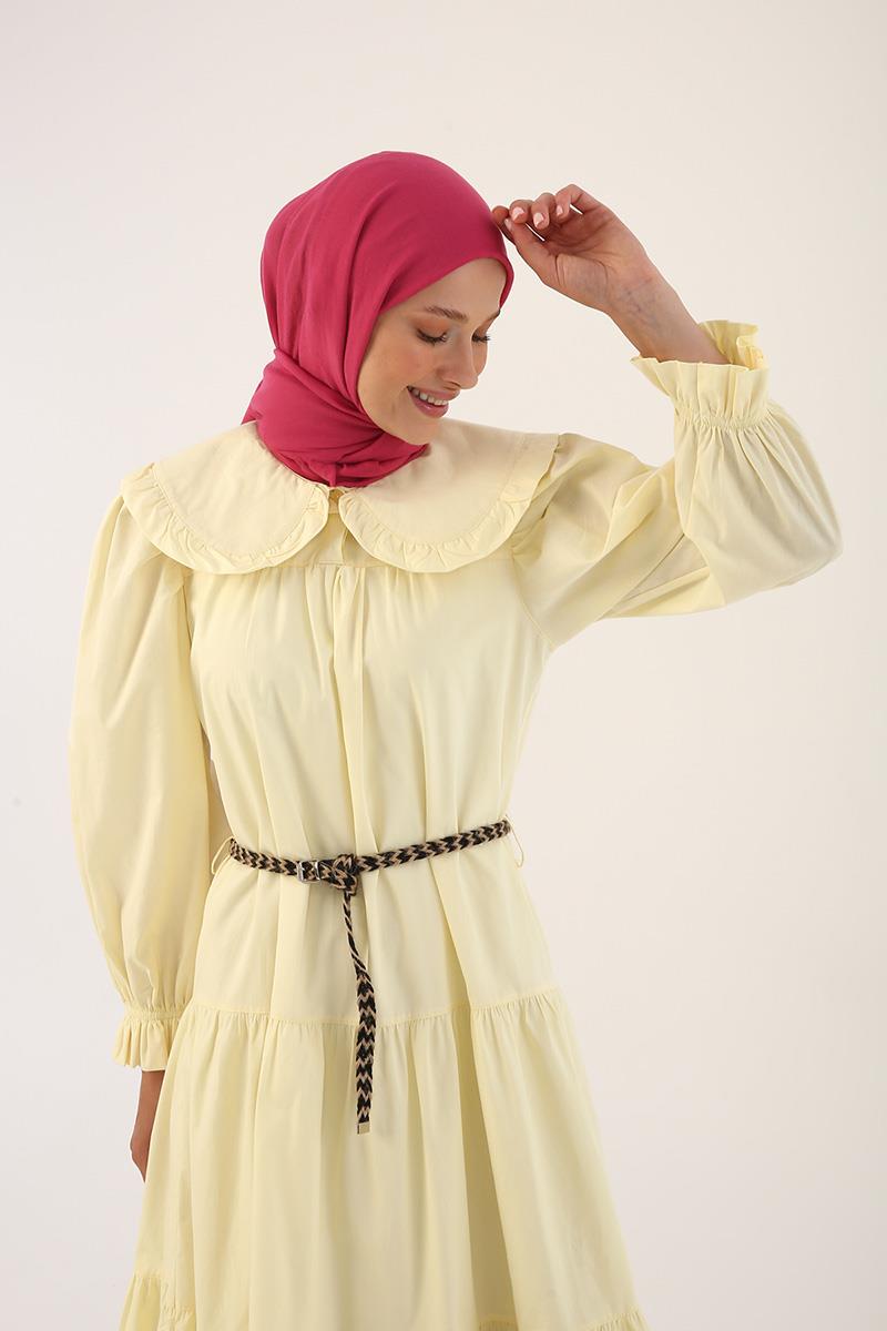 100% Cotton Baby Collar Ruffled Self Belted Dress