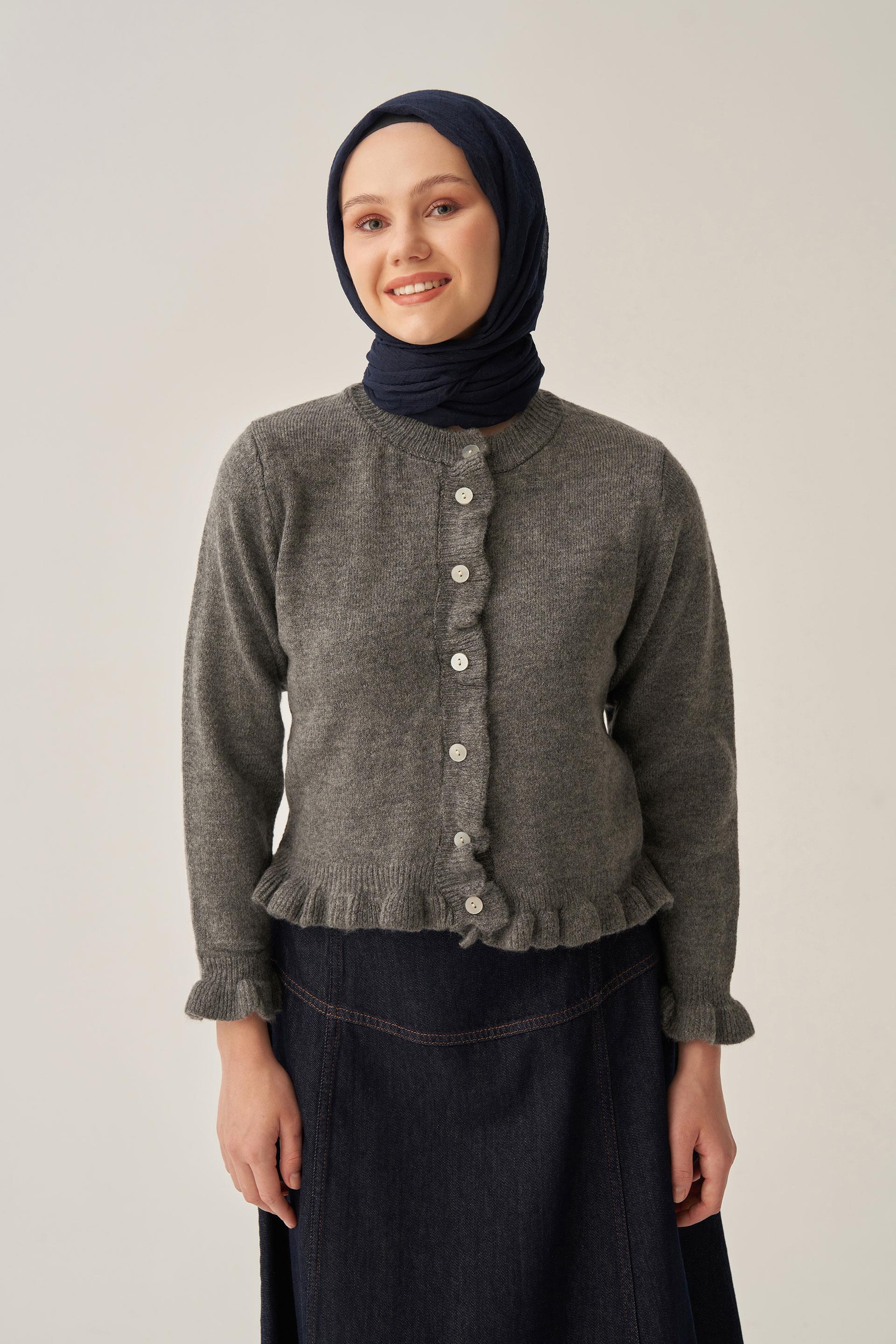 Antrasit-Etegi Fırfırlı Kısa Hırka