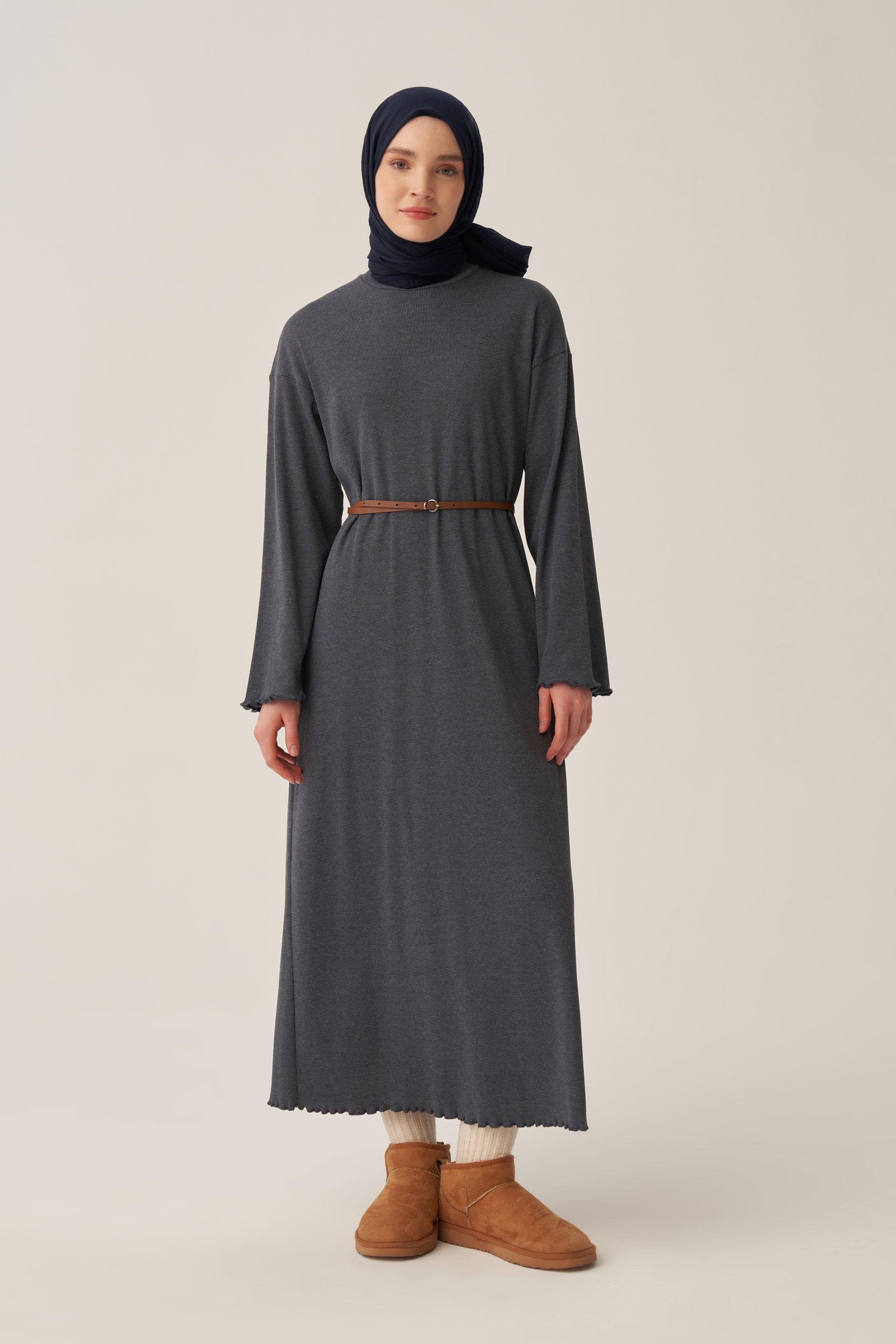 Antrasit-Fırfır Detaylı Kaşkorse Elbise