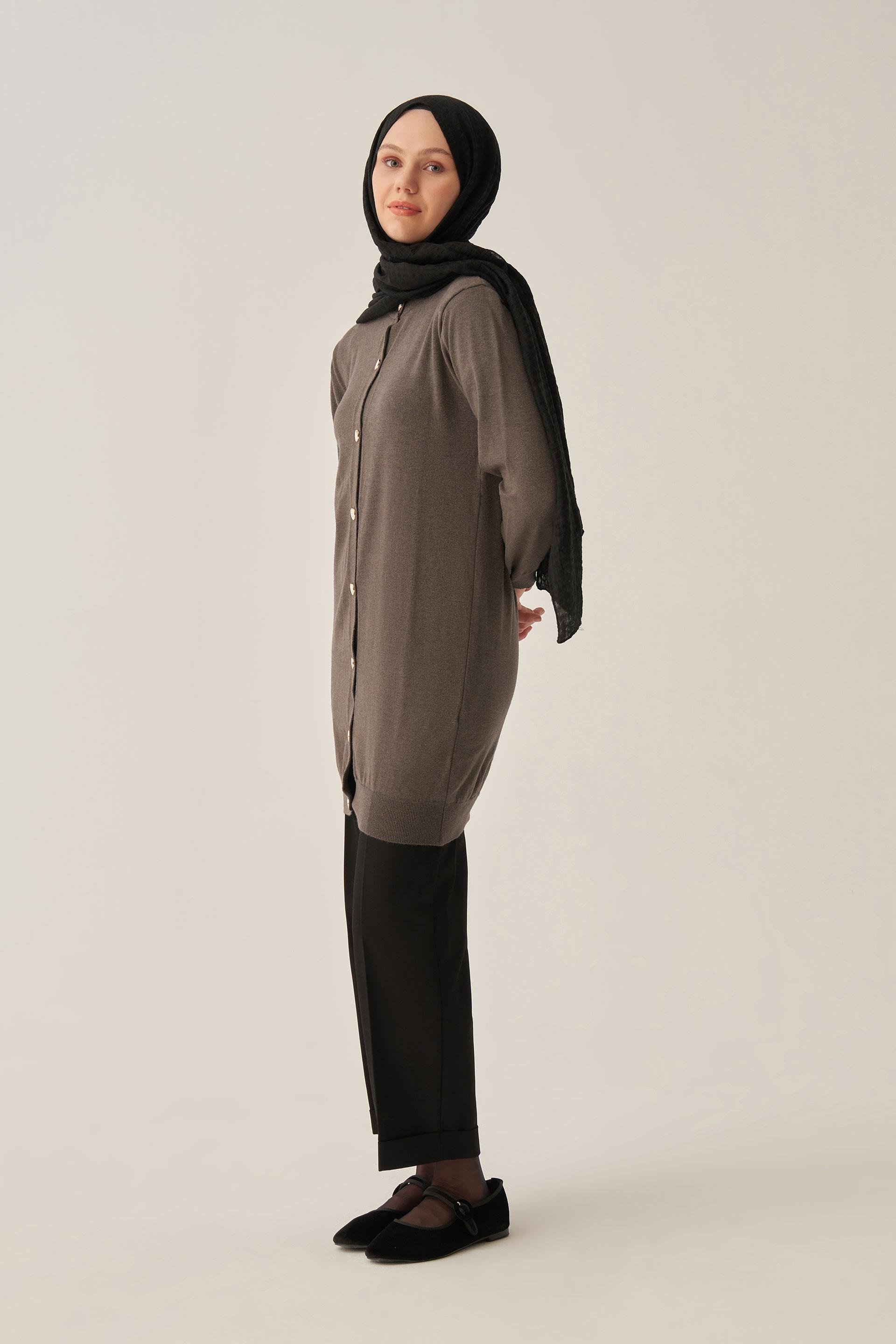 Antrasit-Gold Dügmeli Uzun Triko Hırka