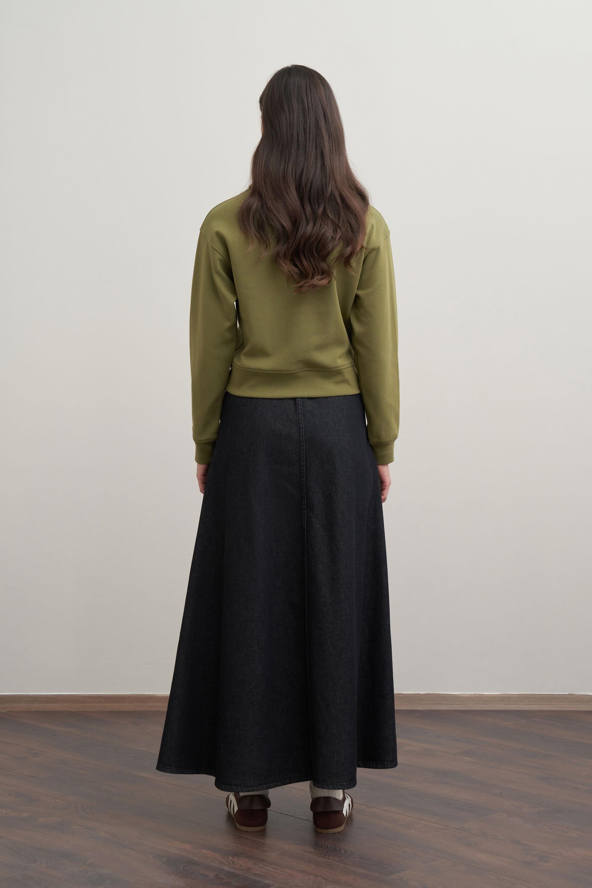 Antrasit-Kuşaklı Kloş Denim Etek