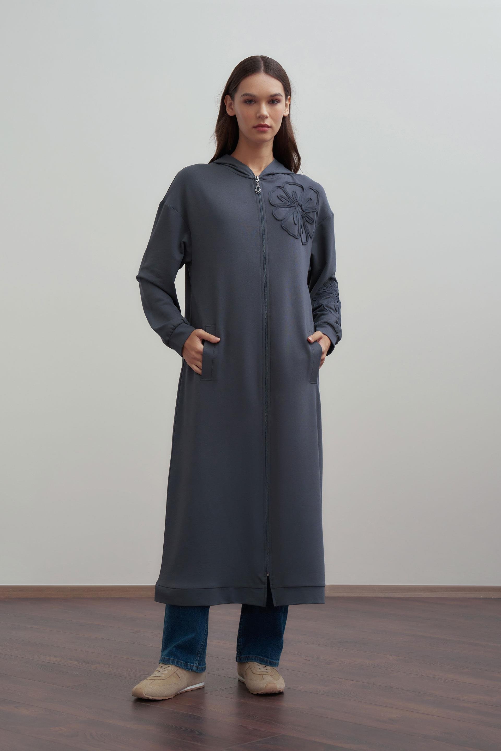 Antrasit-Nakışlı Kapşonlu Pamuklu Fermuarlı Sweat