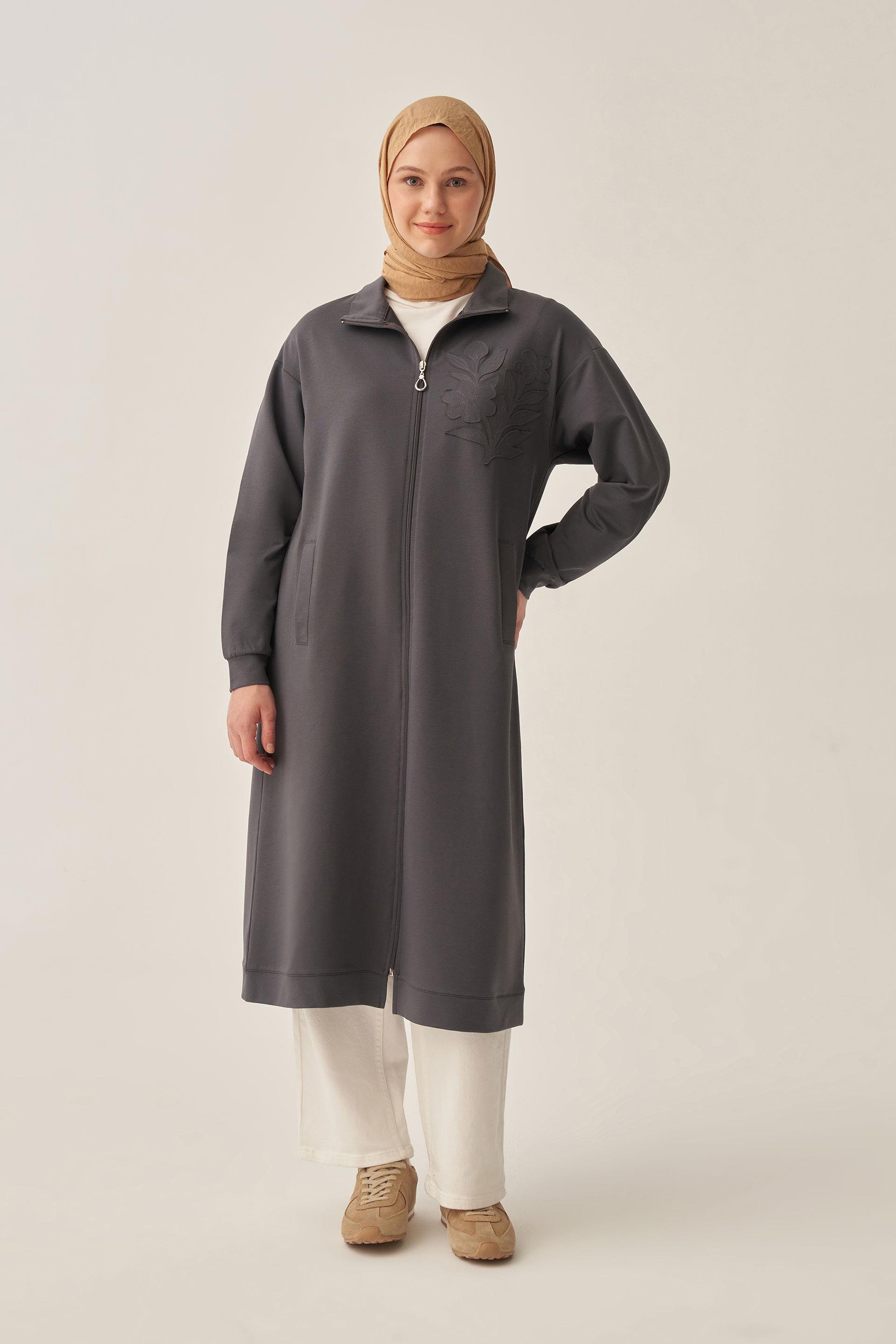 Antrasit-Pamuklu Aplike Detaylı Fermuarlı Sweat