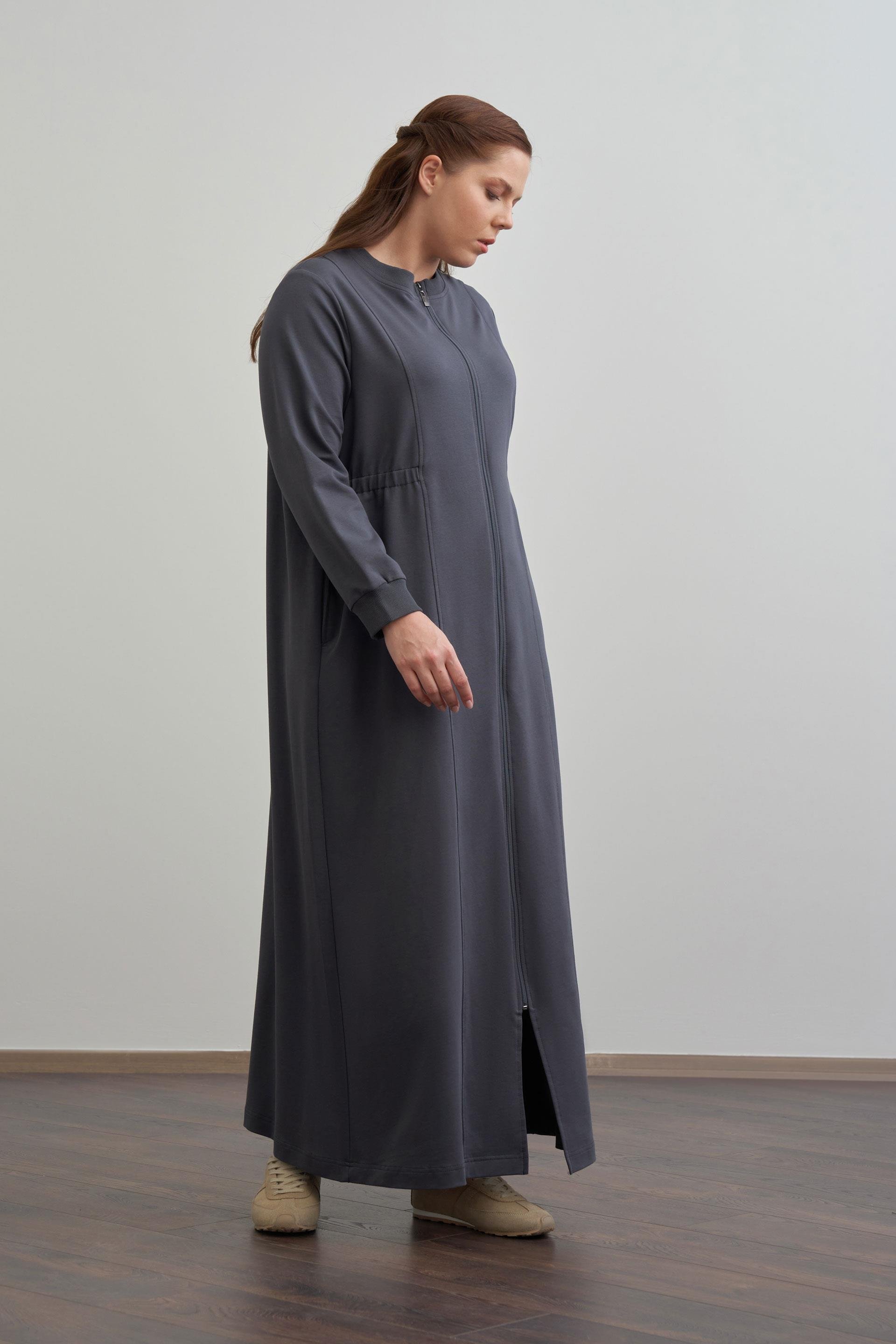 Antrasit-Pamuklu Fermuarlı Uzun Ferace
