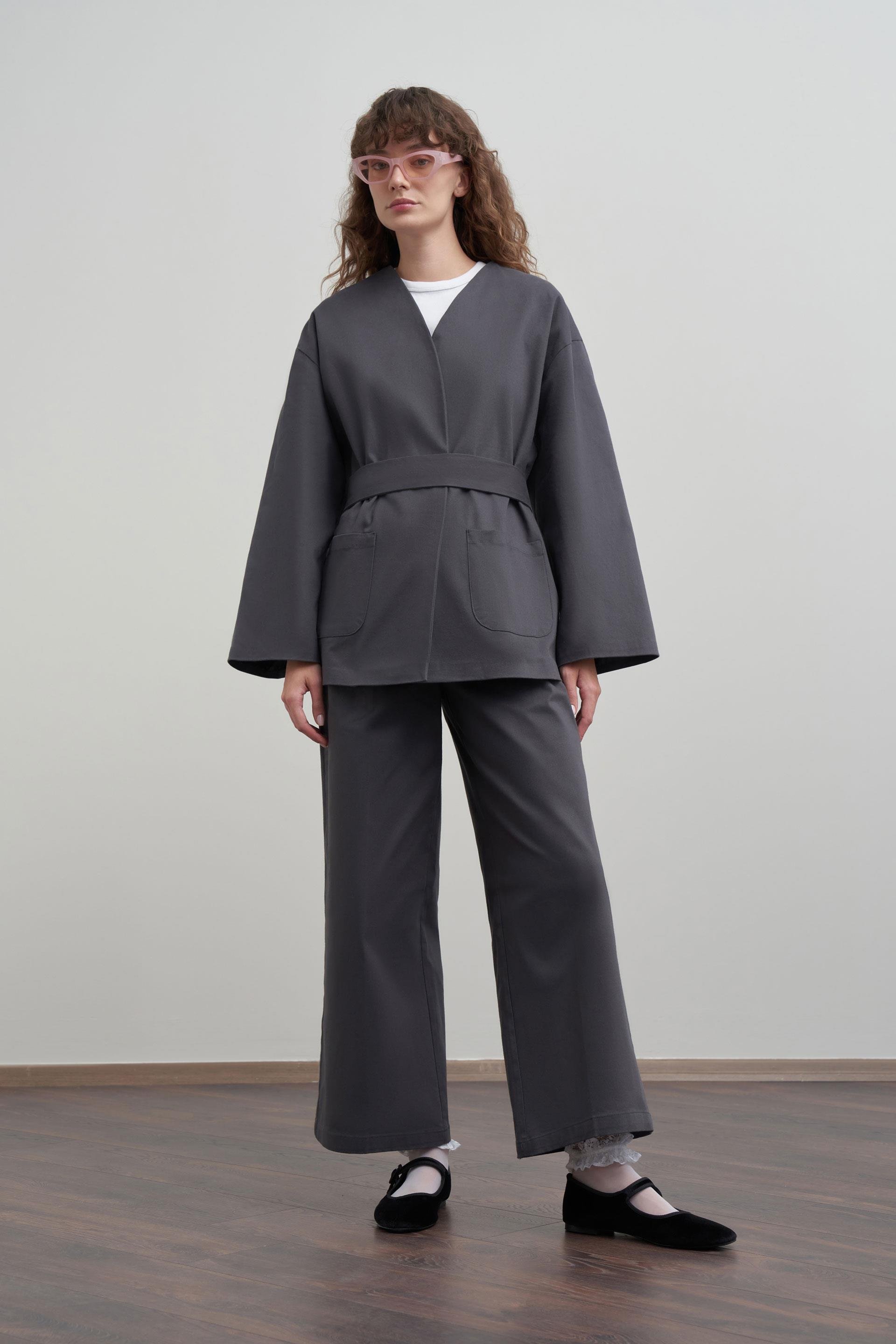 Antrasit-V Yaka Kuşaklı Gabardin Ceket