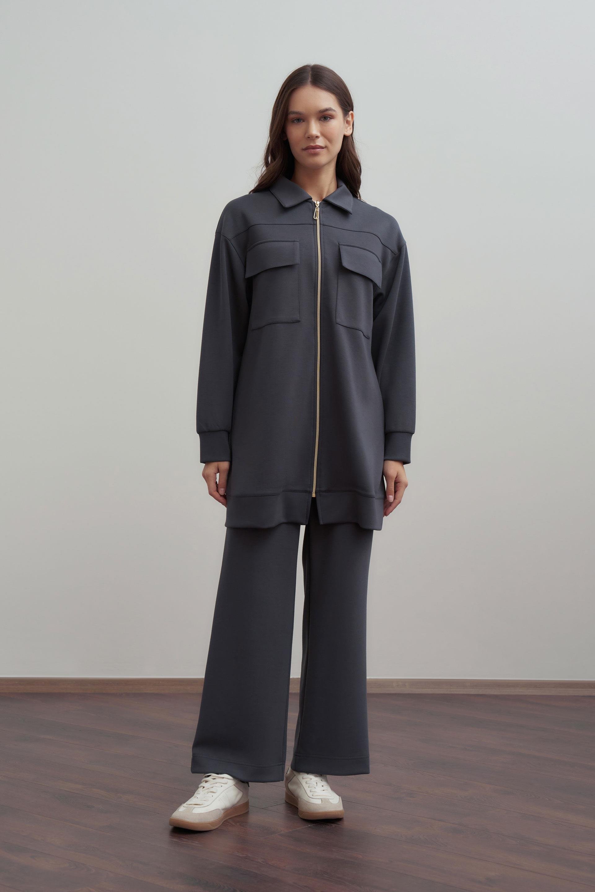 Antrasit-Yumuşak Dokulu Fermuarlı Pantolonlu Takım