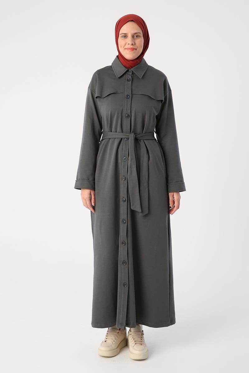 Antrasit01-Kuşaklı Rüzgarlıklı Düğmeli Rahat Kalıp Ferace