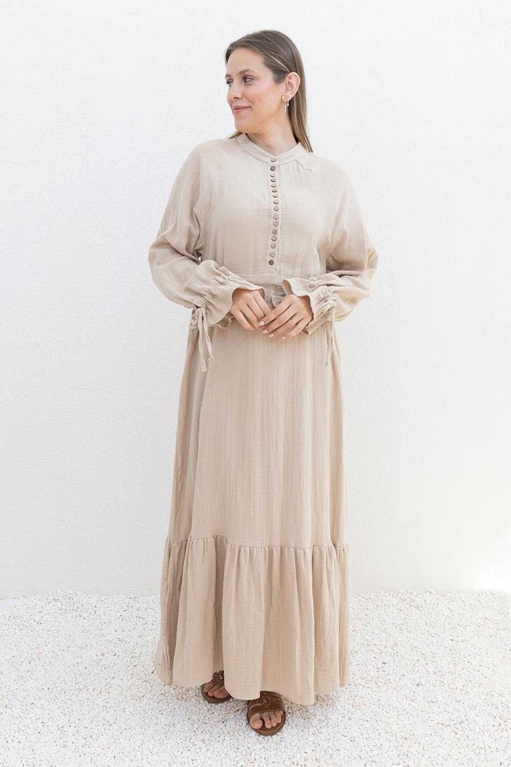 Bej-Beli Bağlamalı Biritli Elbise