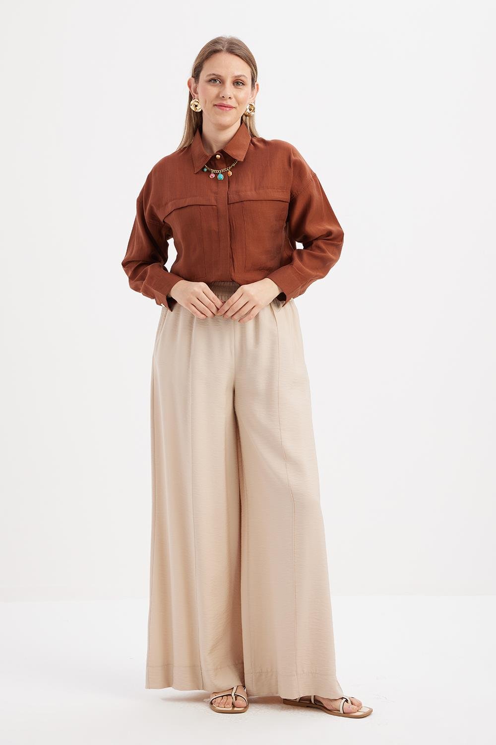 Bej-Beli Lastikli Geniş Paça Pantolon