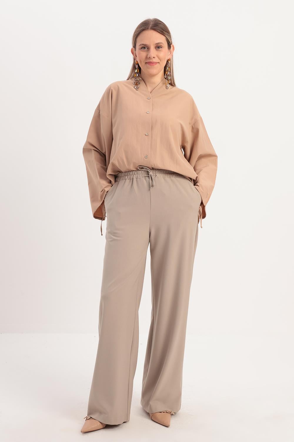 Bej-Beli Lastikli Kordonlu Pantolon
