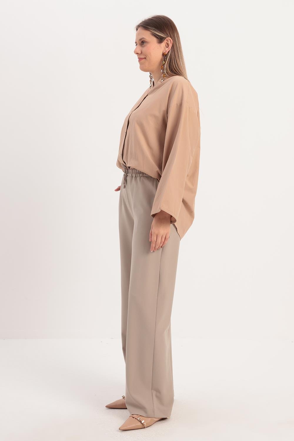 Bej-Beli Lastikli Kordonlu Pantolon